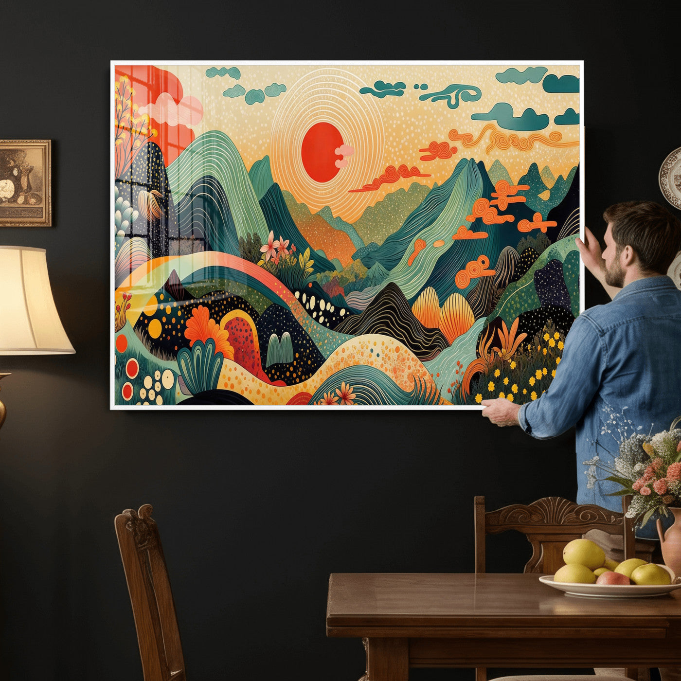 29927191-MGV-CV-36X24 - Yayoi Kusama Boho Mountain Landscape Large Wall Art, Horizontal Gold Framed Canvas Print with Sun and Flowers