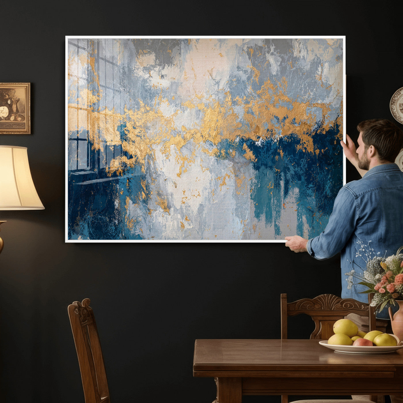 65386119-MGV-CV-36X24 - Blue Gold Abstract Large Framed Canvas Wall Art, Modern Luxury Painting Print in Horizontal Oversized Minimal Wall Decor Artwork