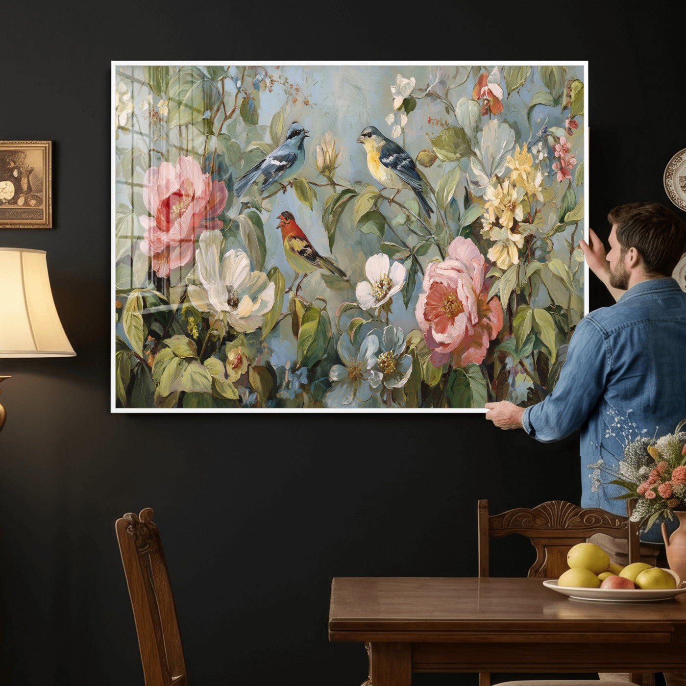 55440837-MGV-CV-36X24 - Vintage Birds and Flowers Wall Art Canvas Print, Botanical Bird Painting Canvas Print, Floral Garden Bird Artwork Canvas Print, Classic Bird Flower Painting Canvas Print