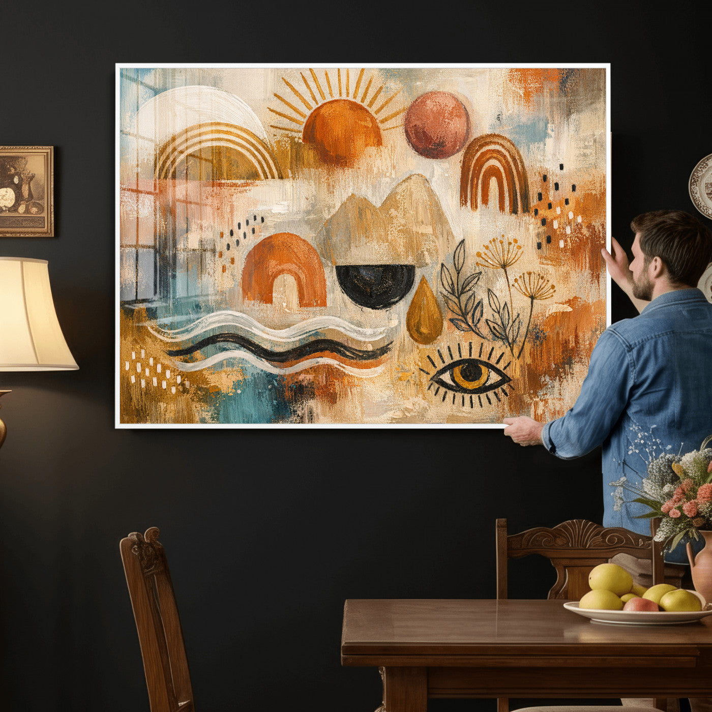 52155239-MGV-CV-36X24 - Geometric Boho Abstract Wall Art Canvas Print, Orange Blue Abstract Expressionist Painting Print, Modern Geometric Abstract Canvas Art