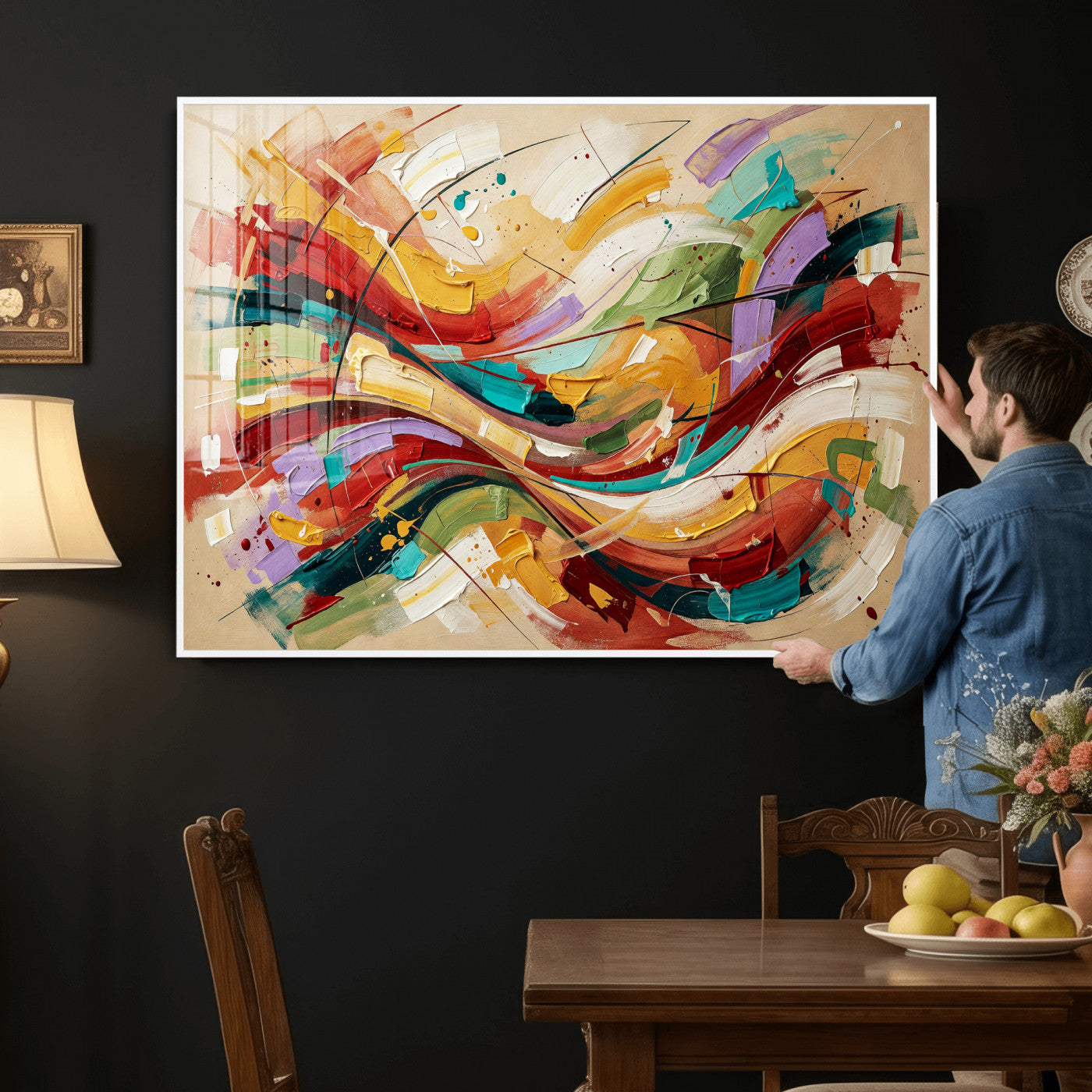 39887645-MGV-CV-36X24 - Geometric Abstract Wall Art Canvas Print, Orange Blue Abstract Expressionist Painting Print, Modern Geometric Abstract Canvas Art