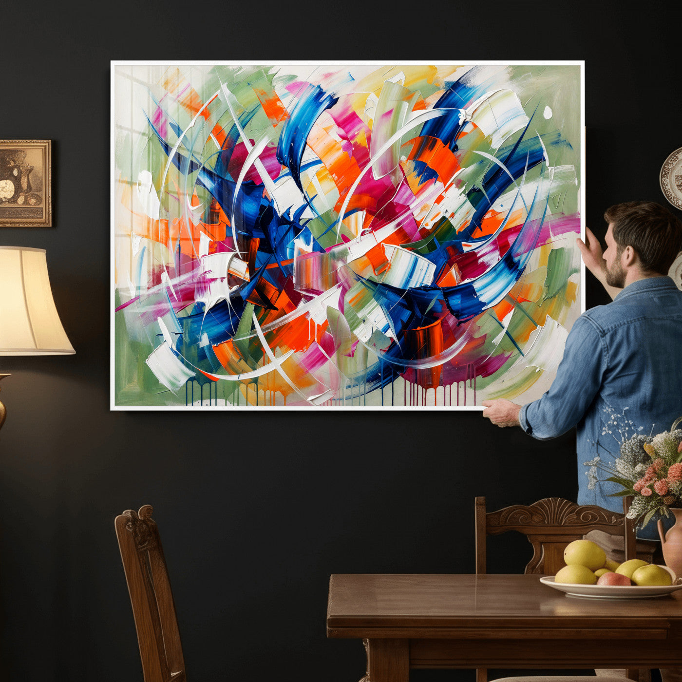 15032888-MGV-CV-36X24 - Geometric Abstract Wall Art Canvas Print, Orange Blue Abstract Expressionist Painting Print, Modern Geometric Abstract Canvas Art