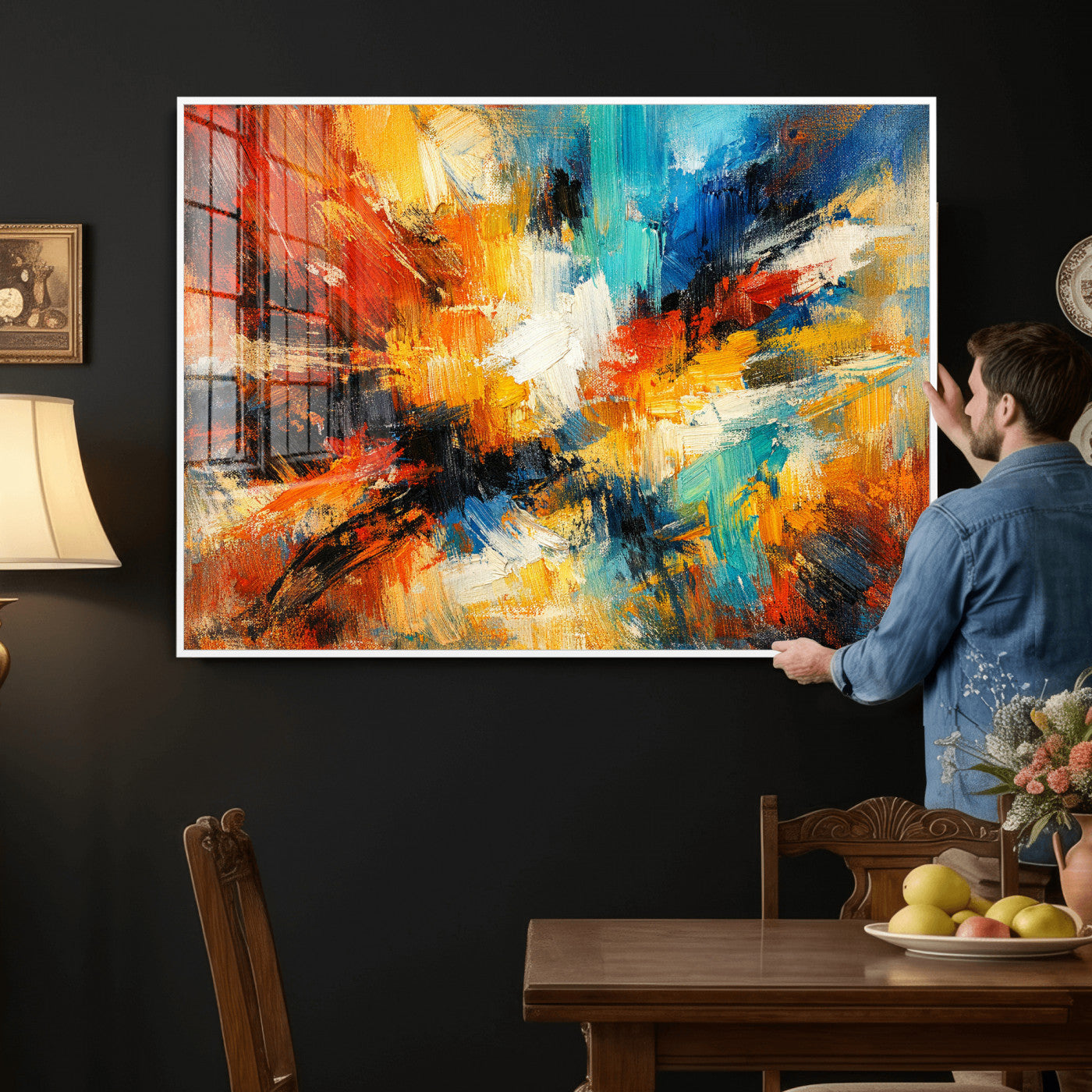 93167583-MGV-CV-36X24 - Geometric Abstract Wall Art Canvas Print, Orange Blue Abstract Expressionist Painting Print, Modern Geometric Abstract Canvas Art