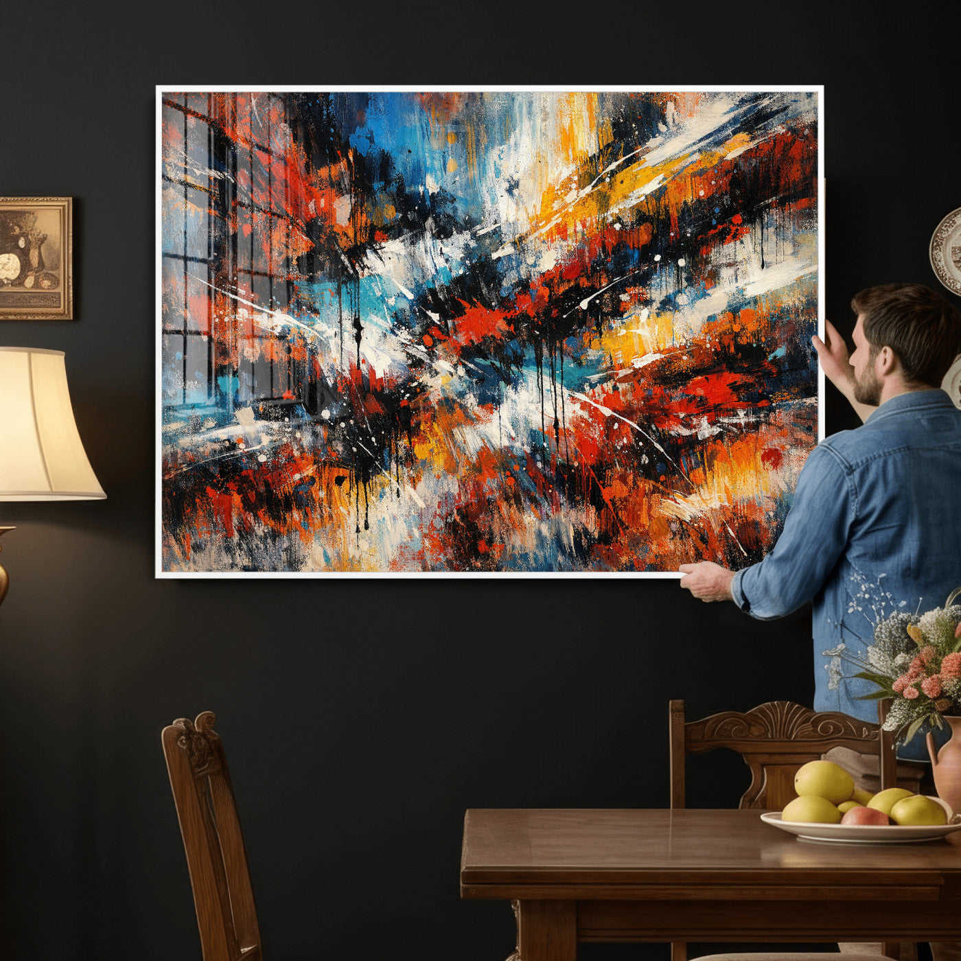 80276069-MGV-CV-36X24 - Geometric Abstract Wall Art Canvas Print, Orange Blue Abstract Expressionist Painting Print, Modern Geometric Abstract Canvas Art