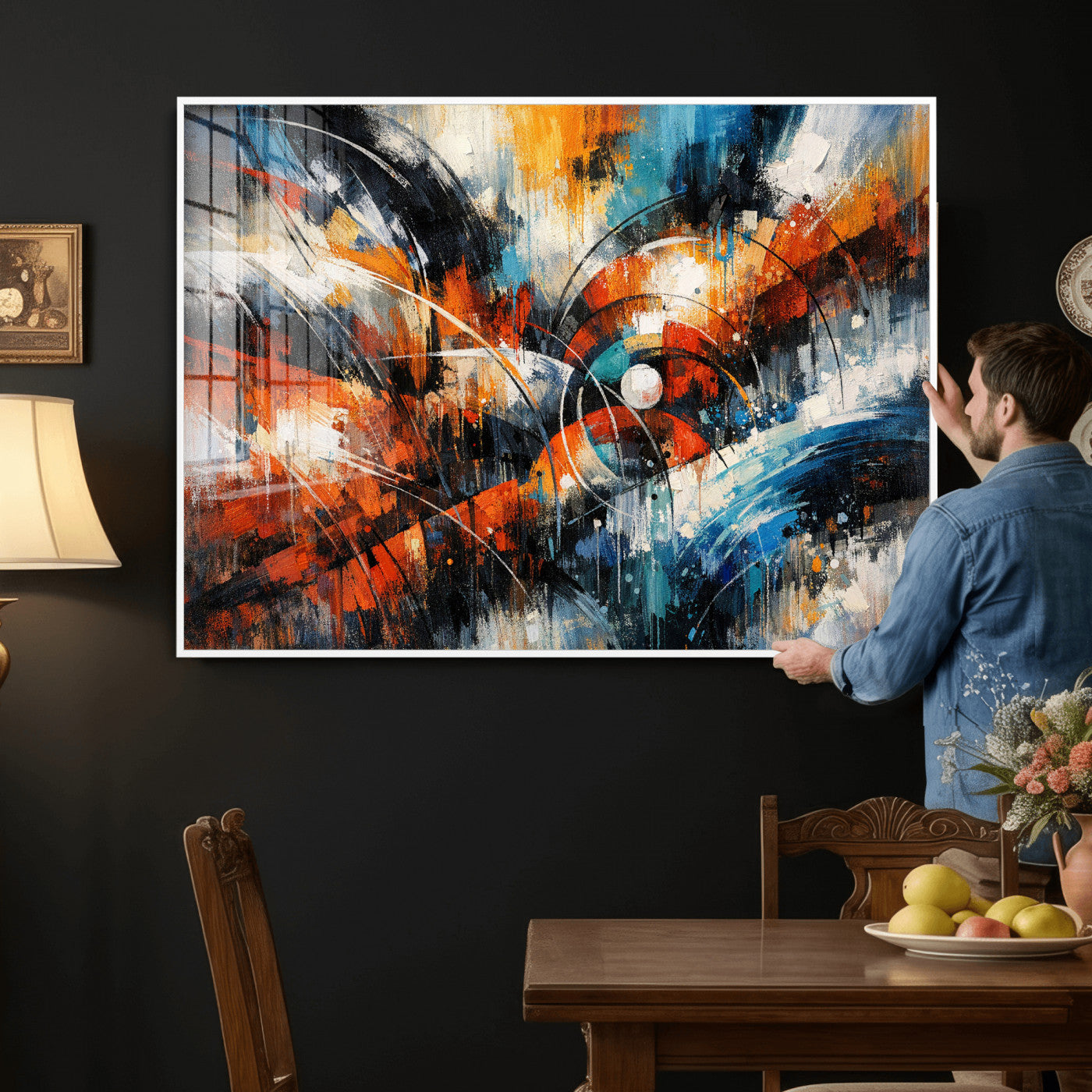 47120691-MGV-CV-36X24 - Geometric Abstract Wall Art Canvas Print, Orange Blue Abstract Expressionist Painting Print, Modern Geometric Abstract Canvas Art