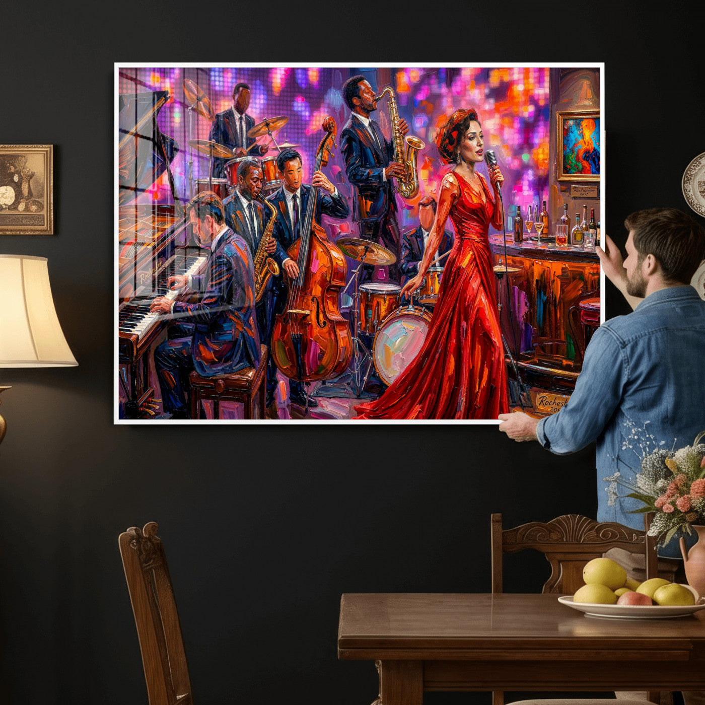 620930J20-MGV-CV-36X24 - Jazz Band Canvas Wall Art — Jazz Club Singer Saxophone Print | Music Wall Decor | Bar Restaurant Art | Music Lover Gift | Jazz Home Decor