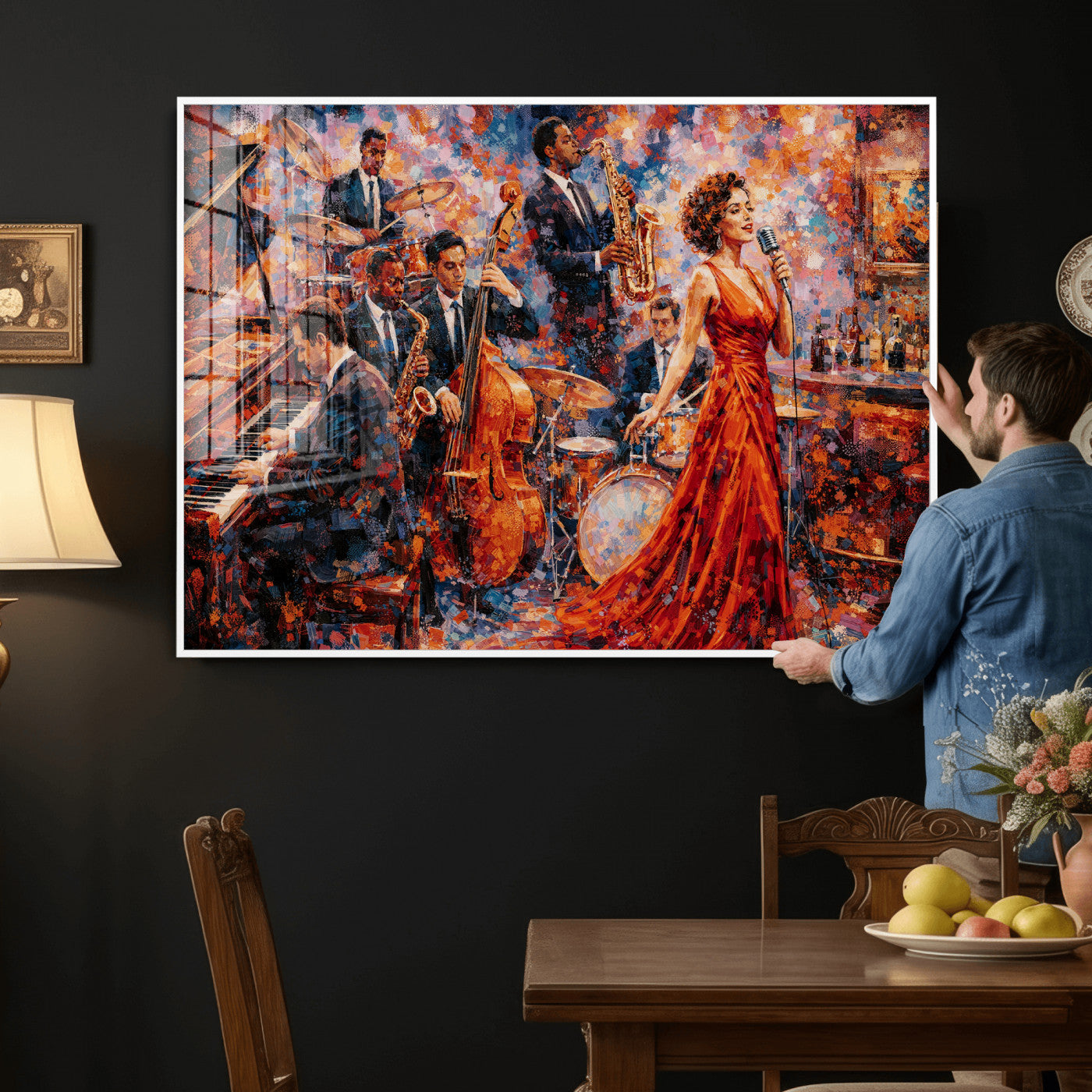 620930SF20-MGV-CV-36X24 - Jazz Band Canvas Wall Art — Jazz Club Singer Saxophone Print | Music Wall Decor | Bar Restaurant Art | Music Lover Gift | Jazz Home Decor