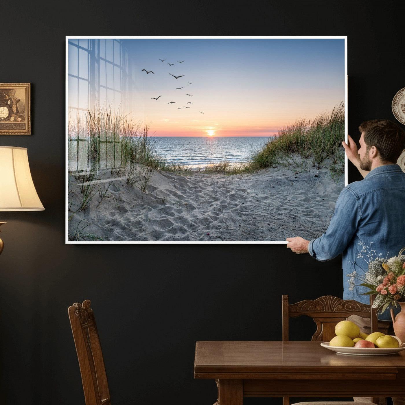 12172032-MGV-CV-36X24 - Sandy Dune Path Sunset Canvas Wall Art — Seagulls Beach Ocean Photography Print | Coastal Home Decor | Nautical Wall Art | Beach House Gift
