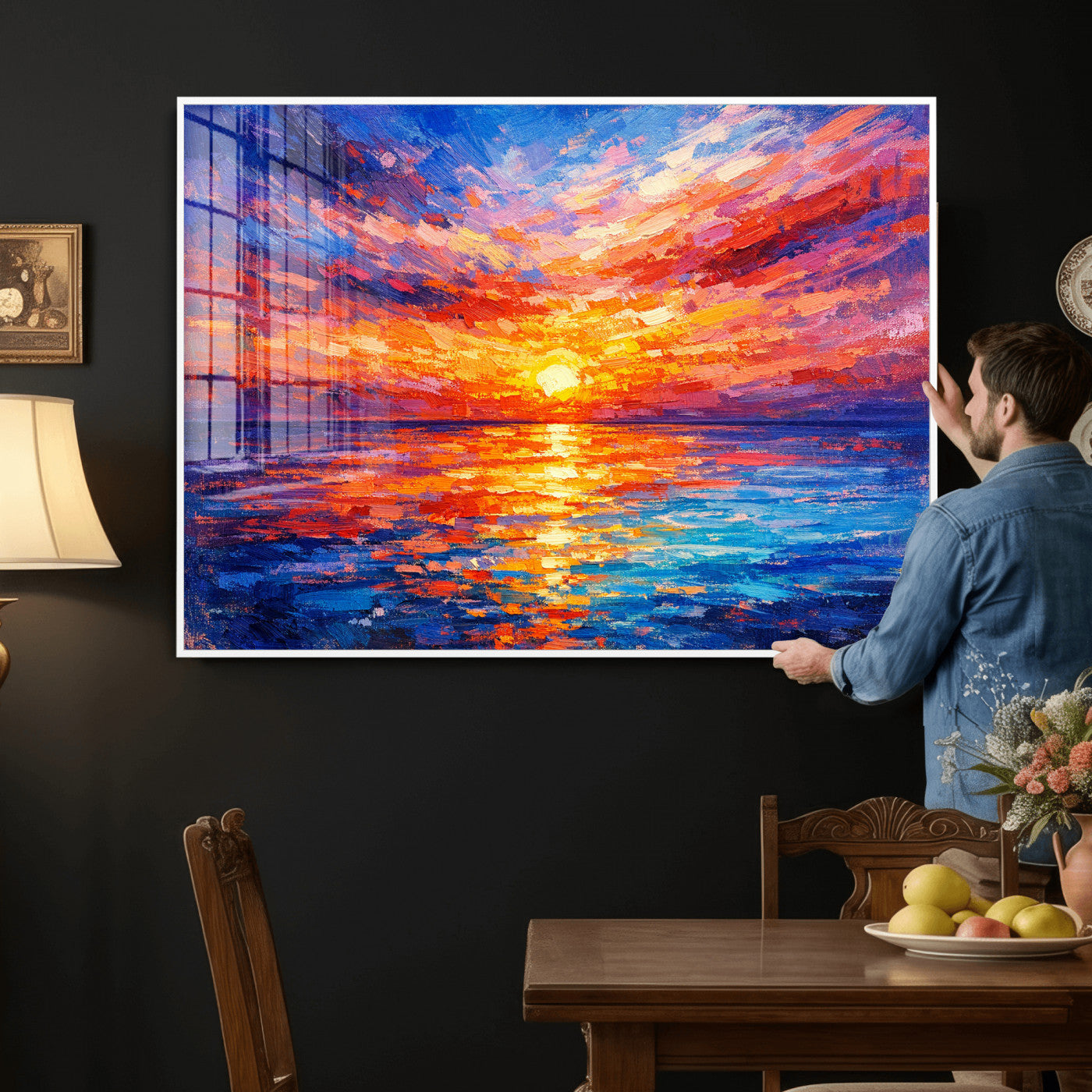 54915078-MGV-CV-36X24 - Colorful Knife Ocean Sunset Canvas — Orange Pink Teal Expressionist Sea Print | Colorful Coastal Wall Art | Vibrant Beach Decor Gift