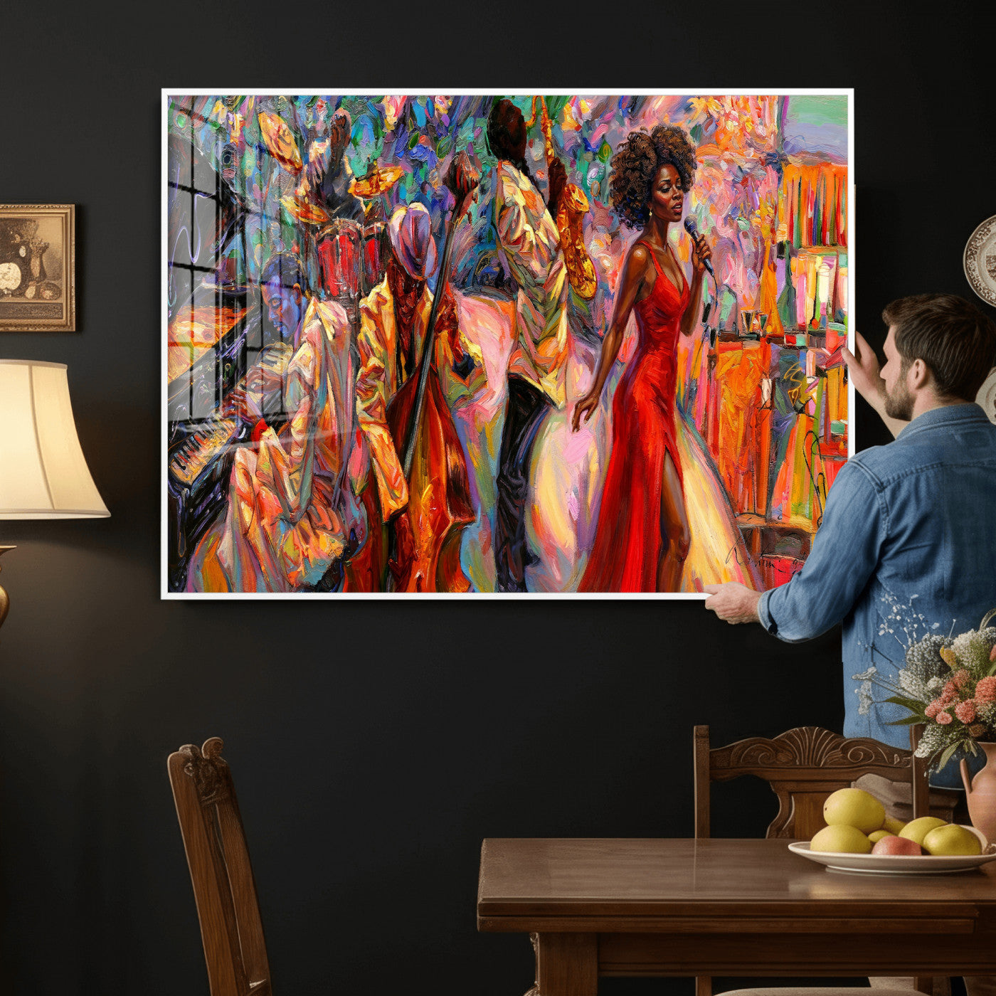 72615137-MGV-CV-36X24 - African American Jazz Singer Canvas Art - Red Dress Black Woman Music Print | Colorful Jazz Band Wall Decor | Living Room Gift for Her