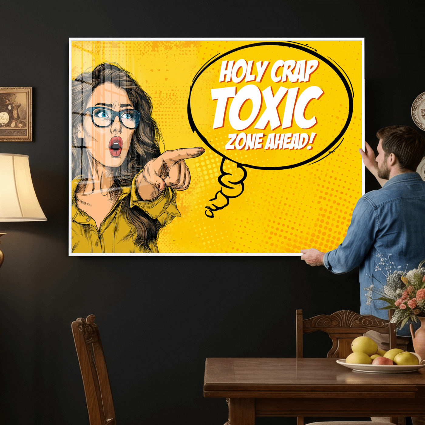 79751885-MGV-CV-36X24 - Pop Art Print Bathroom Sign Wall Art Canvas Print — Funny Bathroom Canvas | Comic Style Toilet Wall Decor | Humor Gift | Yellow Bold Bathroom Art