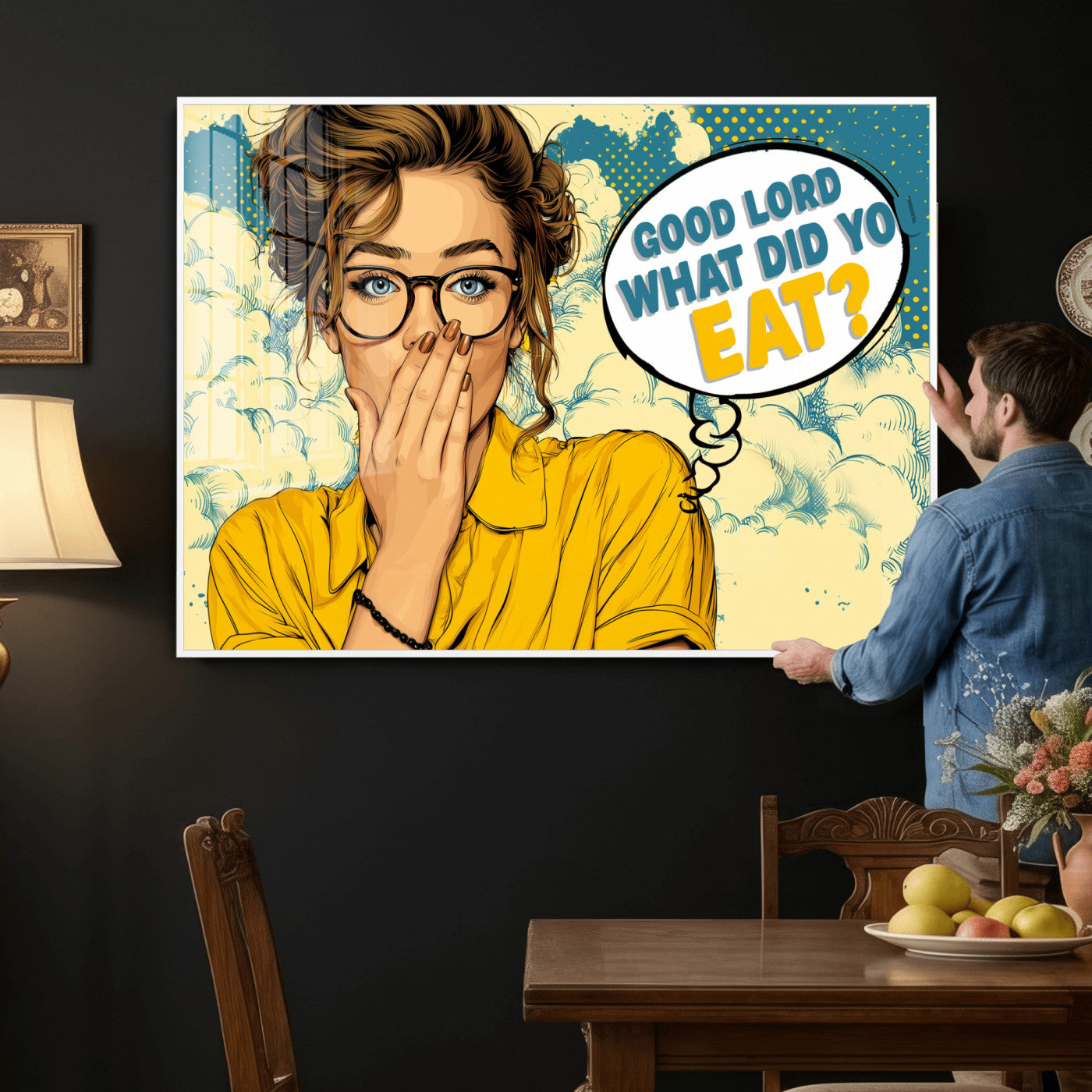 35819669-MGV-CV-36X24 - Pop Art Print Bathroom Sign Wall Art Canvas Print — Funny Bathroom Canvas | Comic Style Toilet Wall Decor | Humor Gift | Yellow Bold Bathroom Art