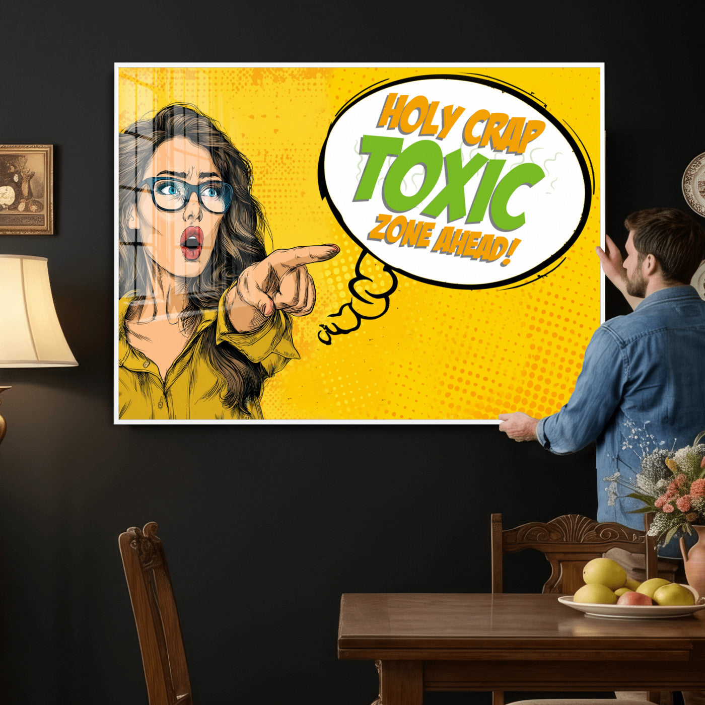 79156505-MGV-CV-36X24 - Pop Art Print Bathroom Sign Wall Art Canvas Print — Funny Bathroom Canvas | Comic Style Toilet Wall Decor | Humor Gift | Yellow Bold Bathroom Art