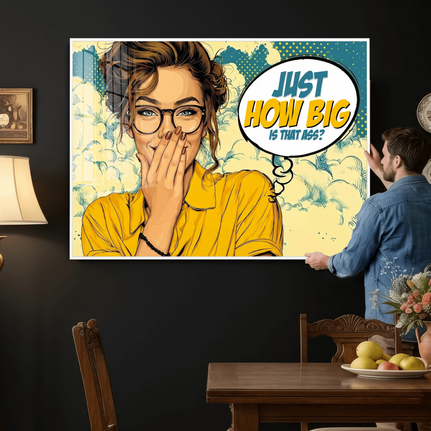 T79156505-MGV-CV-36X24 - Pop Art Print Bathroom Sign Wall Art Canvas Print — Funny Bathroom Canvas | Comic Style Toilet Wall Decor | Humor Gift | How Big Ass