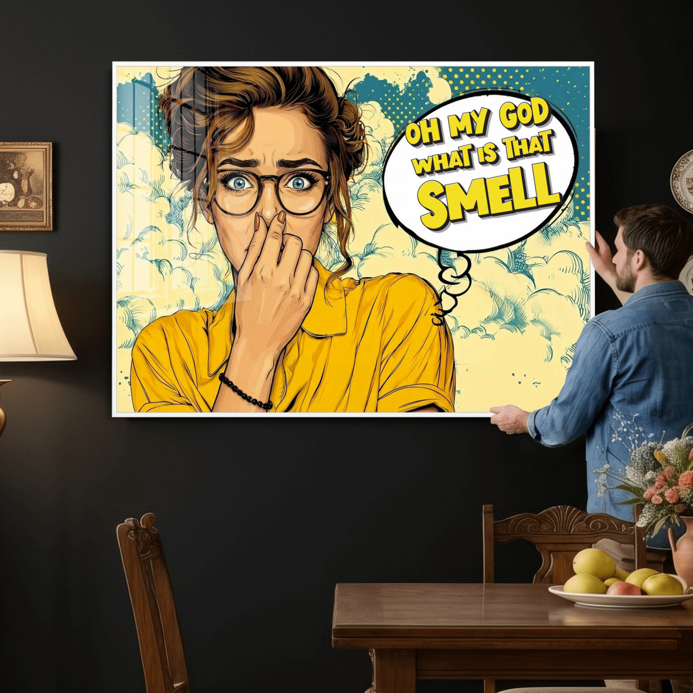 B79156505-MGV-CV-36X24 - Pop Art Print Bathroom Sign Wall Art Canvas Print — Funny Bathroom Canvas | Comic Style Toilet Wall Decor | Humor Gift | What is that Smell