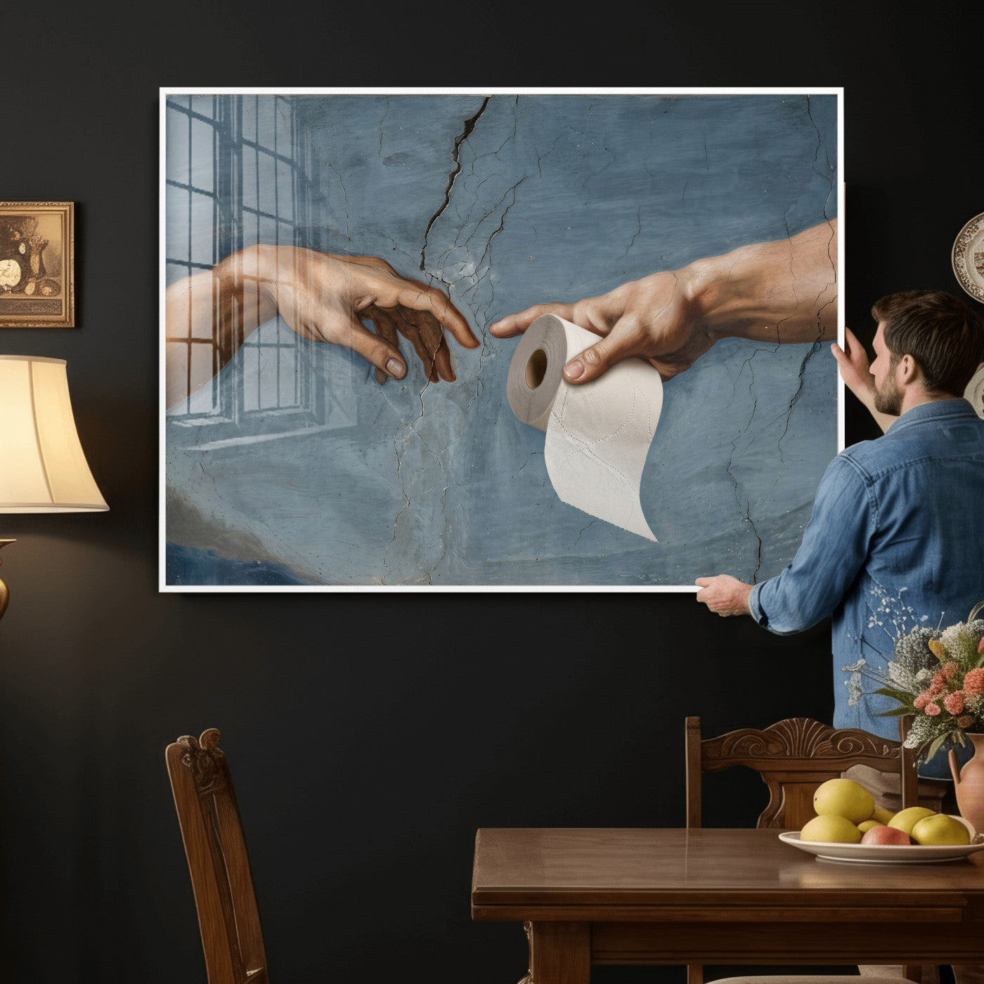 42648143-MGV-CV-36X24 - Funny Bathroom Canvas Wall Art, Michelangelo Creation of Adam Toilet Paper Parody, Renaissance Humor Print, Quirky Housewarming Gift, Toilet Room Decor