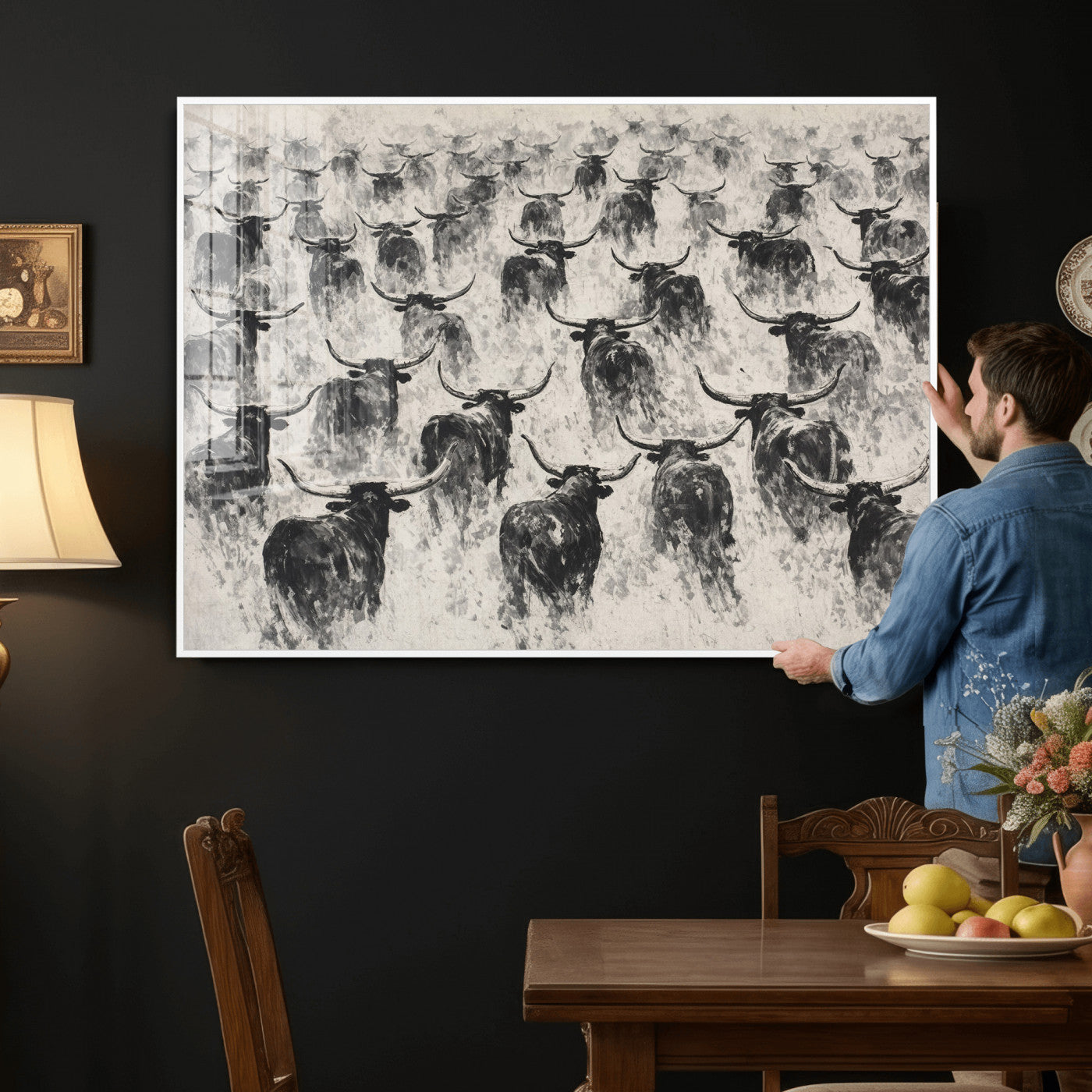 73328525-MGV-CV-36X24 - Texas Longhorn Drawing Canvas Wall Art, Western Cattle Stampede Painting Print, Warm Amber Ranch Decor, Rustic Cowboy Home Art, Large Living Room Decor