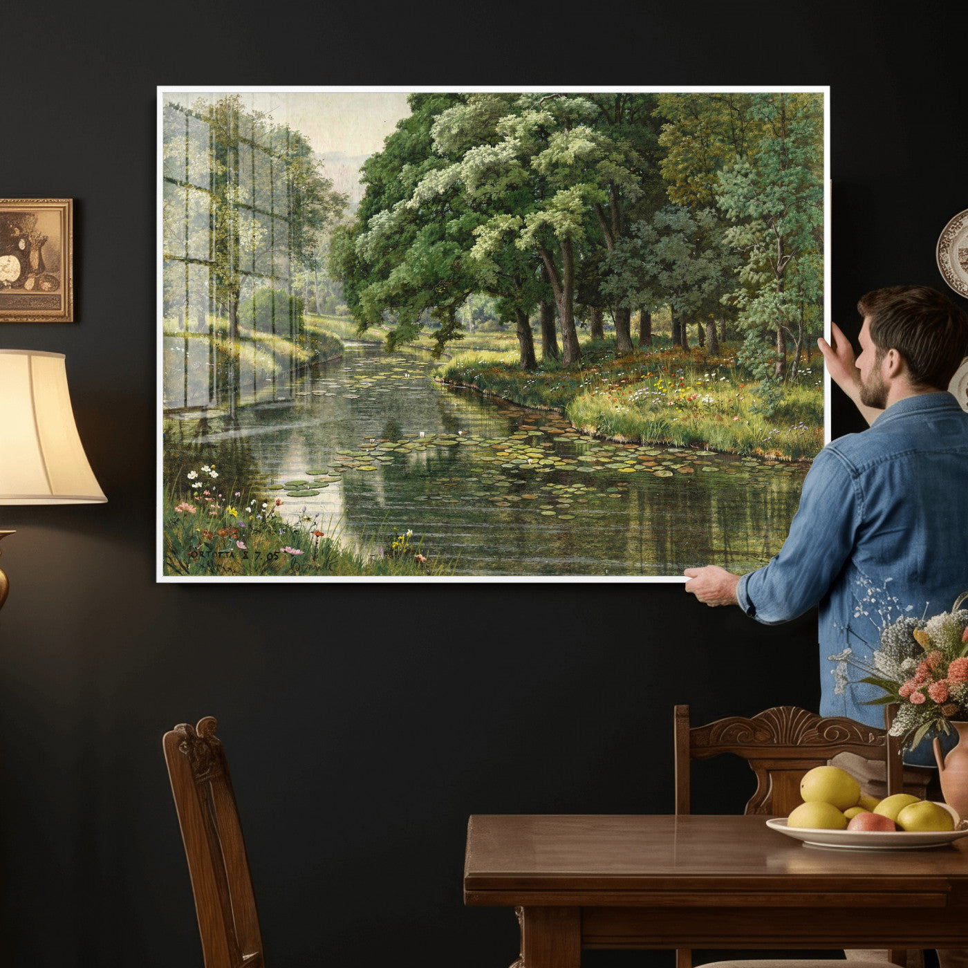 44288560-MGV-CV-36X24 - Forest Stream Canvas Wall Art, Peder Monsted A Forest Stream 1905 Print, Danish Realist Landscape, Lily Pad River Nature Decor, Vintage Green Painting