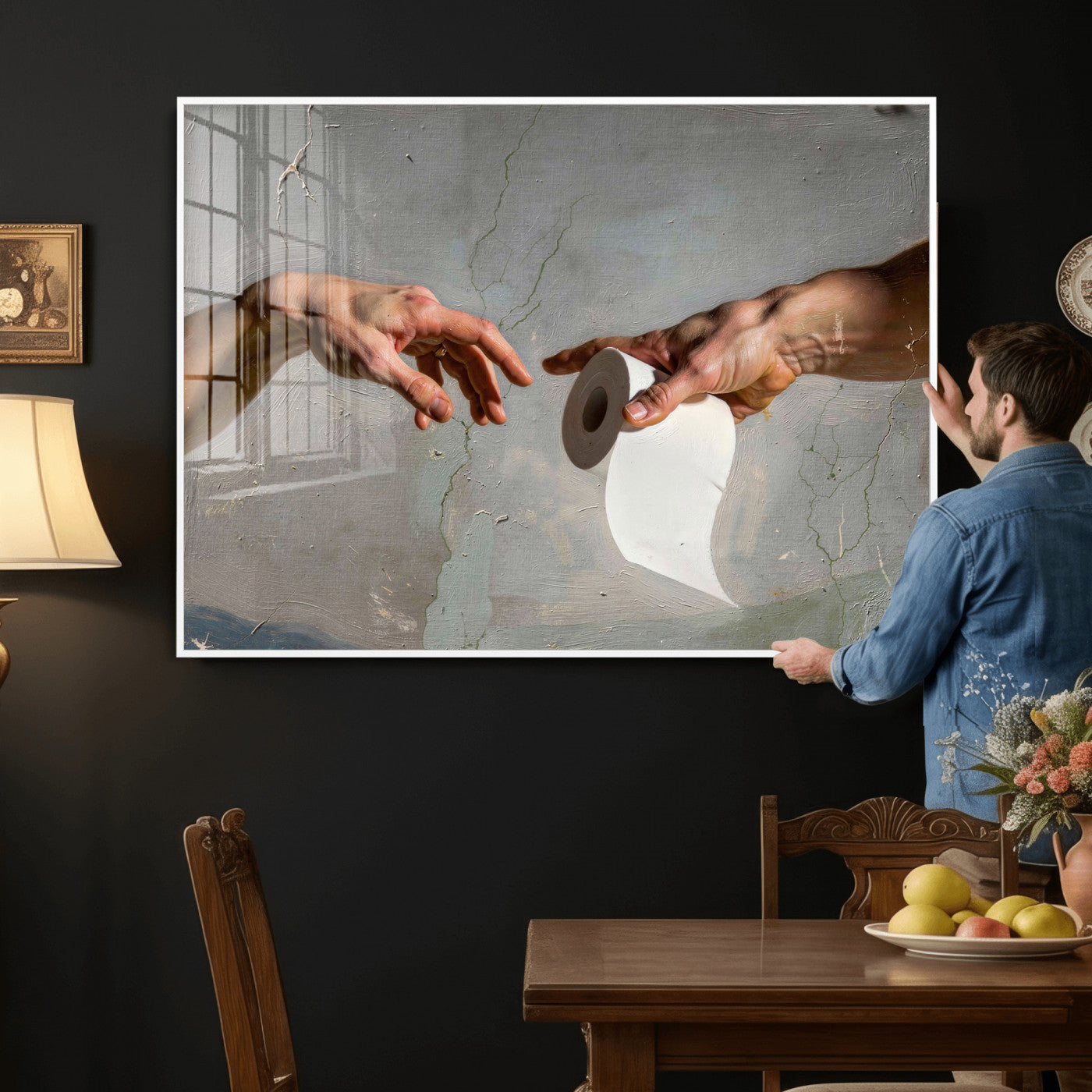 72030048-MGV-CV-36X24 - Funny Bathroom Wall Art Canvas, Creation of Toilet Paper Parody Print, Renaissance Humor Decor, Toilet Room Art, Quirky Housewarming Gift, Classic Art Spoof