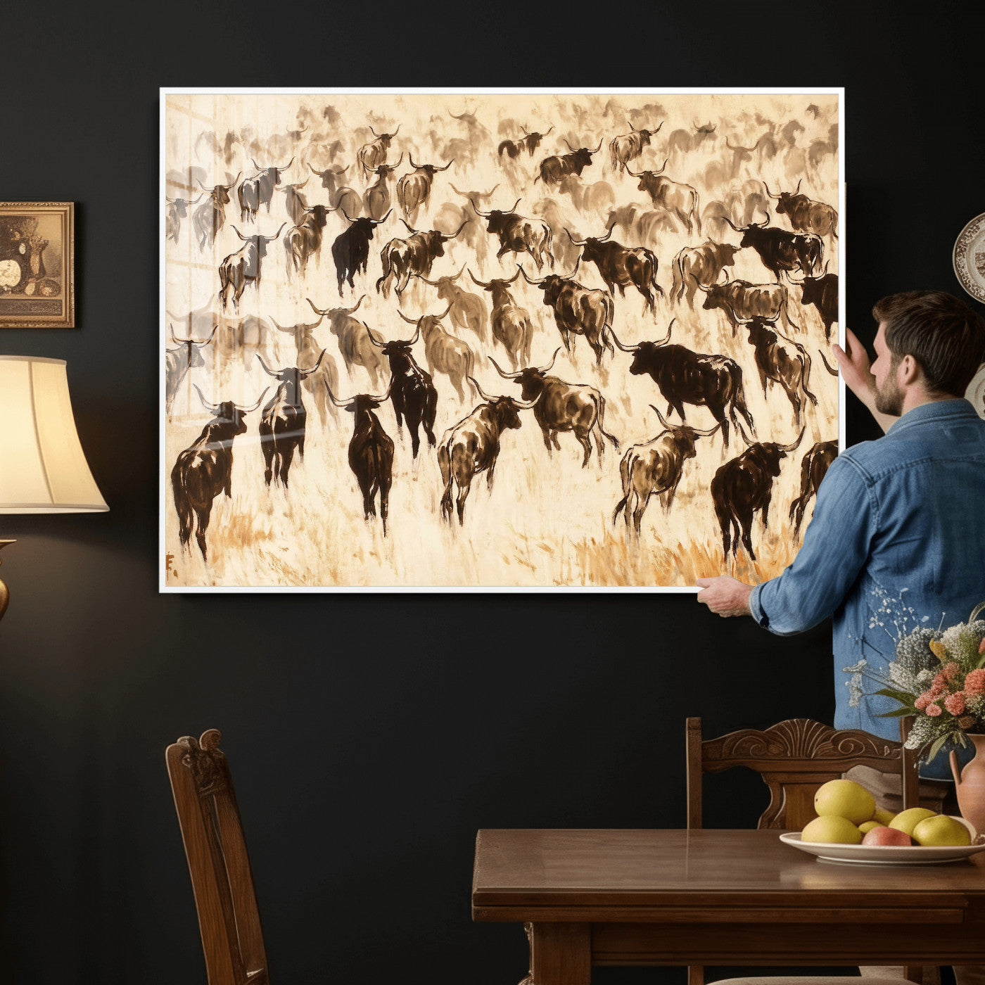 39077774-MGV-CV-36X24 - Texas Longhorn Sepia Canvas Wall Art, Western Cattle Stampede Painting Print, Warm Amber Ranch Decor, Rustic Cowboy Home Art, Large Living Room Decor