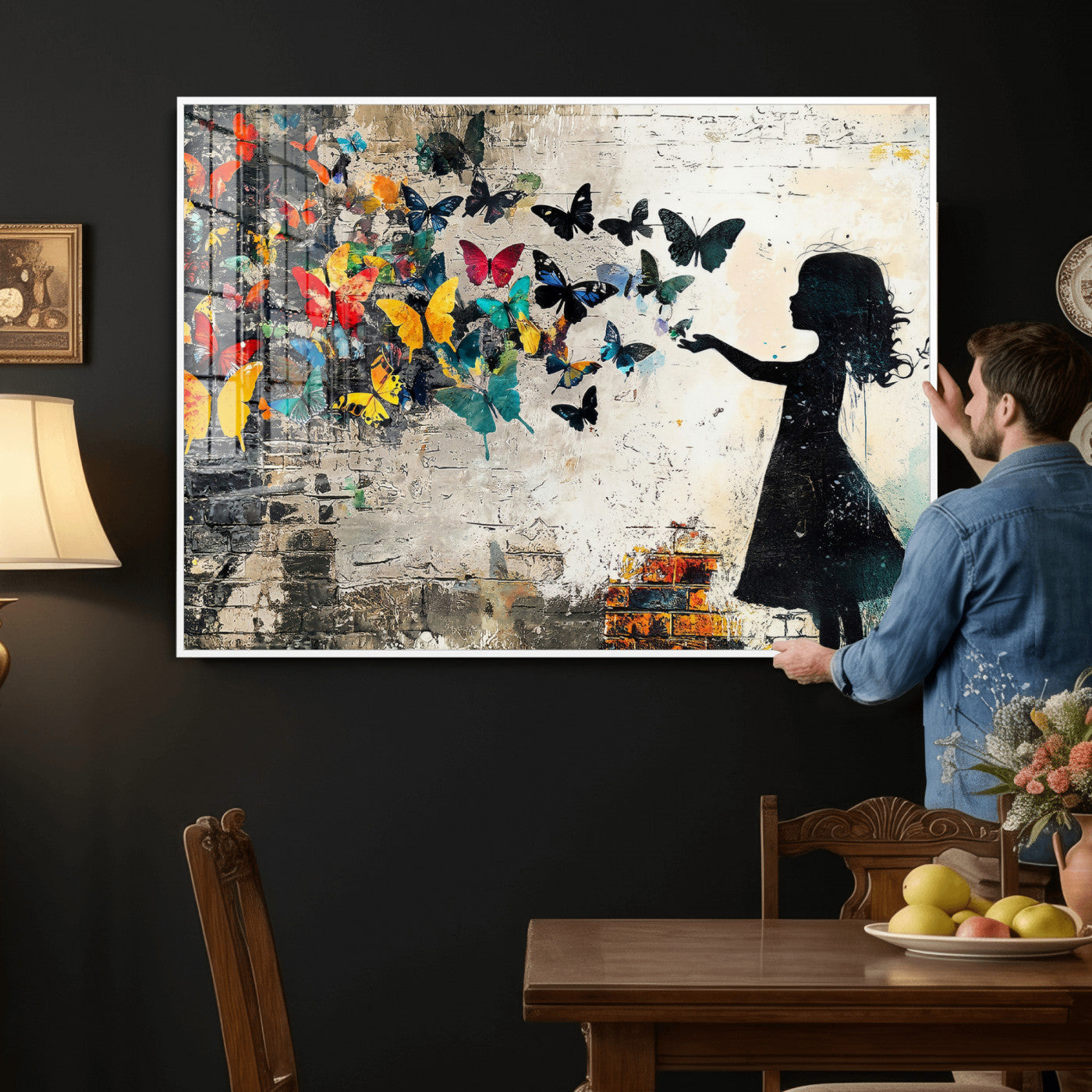 33909022-MGV-CV-36X24 - Banksy Butterfly Girl Wall Art Canvas Print, Framed Street Art Silhouette Graffiti Artwork, Colorful Butterfly Wall Decor for Living Room Bedroom Office