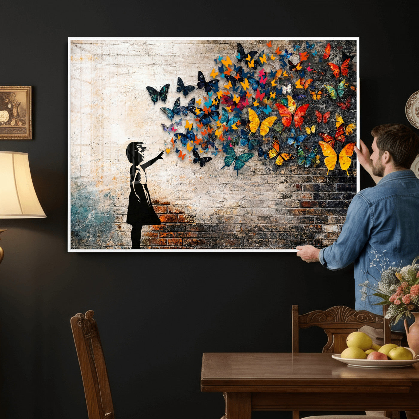 78760384-MGV-CV-36X24 - Banksy Graffiti Butterfly Girl Wall Art Canvas Print, Framed Street Art Canvas Print, Silhouette Butterfly Wall Art for Living Room Bedroom Office
