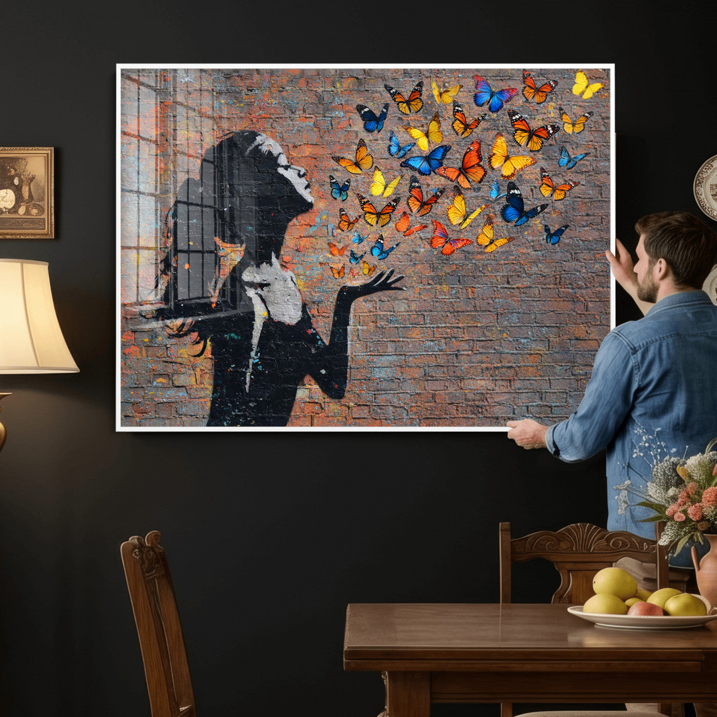 10555939-MGV-CV-36X24 - Urban Banksy Butterfly Girl Wall Art Canvas Print, Framed Street Art Canvas Print, Graffiti Silhouette Butterfly Wall Art for Living Room Bedroom Office