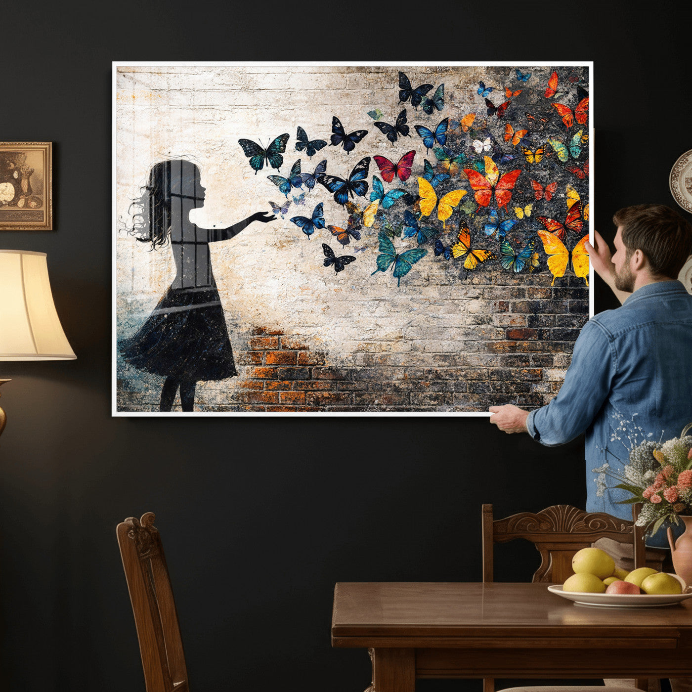 70522594-MGV-CV-36X24 - Banksy Butterfly Girl Wall Art Canvas Print, Framed Street Art Canvas Print, Graffiti Silhouette Butterfly Wall Art for Living Room Bedroom Office