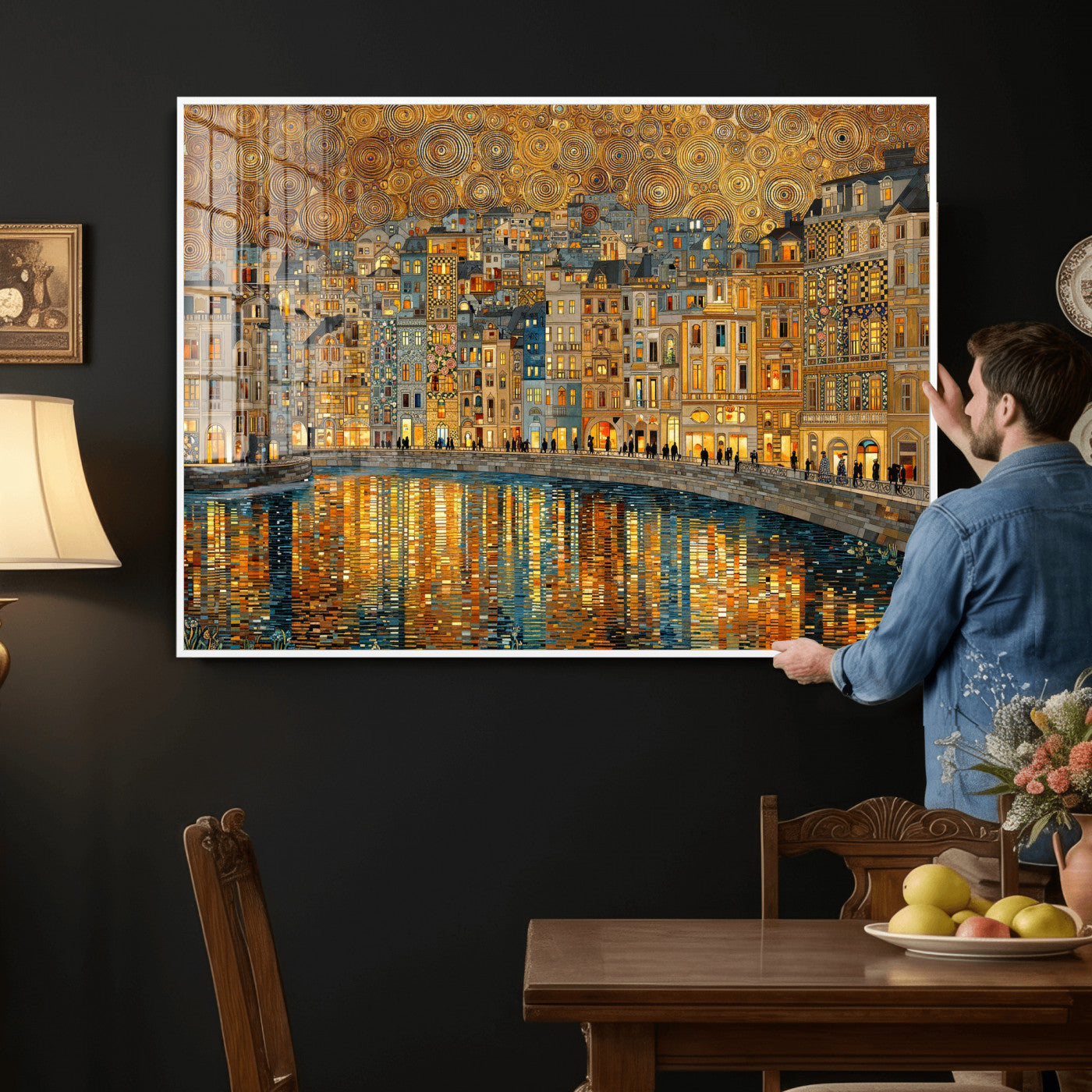 94022787-MGV-CV-36X24 - Gustav Klimt Golden Cityscape Wall Art Canvas Print, Framed River Town Landscape Artwork, Ornate Architecture Wall Decor for Living Room Bedroom Office