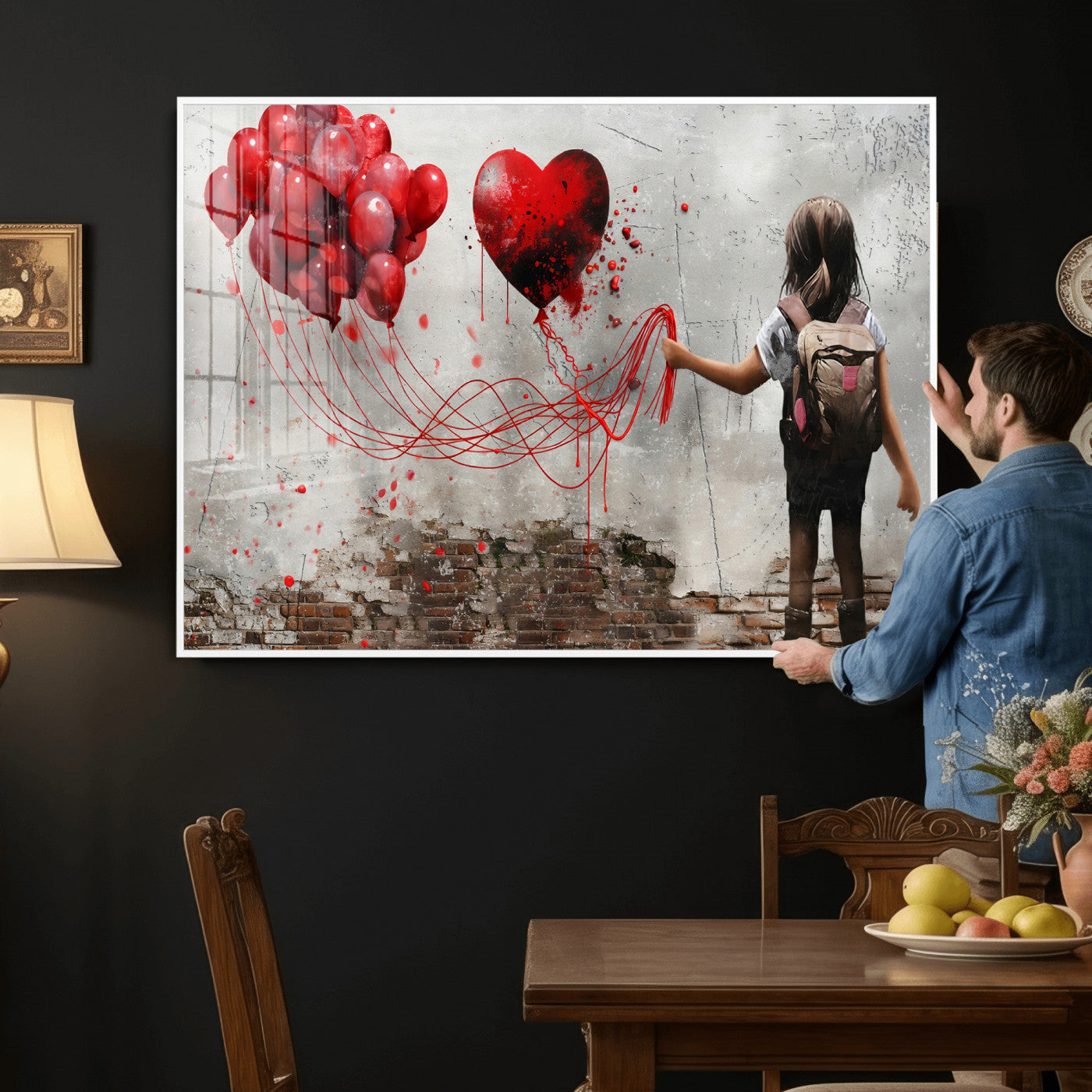 2162830T-MGV-CV-36X24 - Girl Graffiti Wall Art Canvas Print, Red Balloon Heart Street Art, Urban Love Artwork for Living Room Bedroom Hallway Office, Modern Abstract Canvas Wall Decor Home Decor