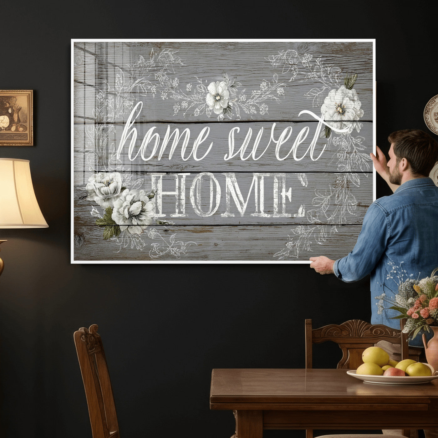 42160089-MGV-CV-36X24 - Home Sweet Home Sign Wall Art Canvas Print, Floral Farmhouse Sign, Rustic Neutral Entryway Bedroom Living Room Decor
