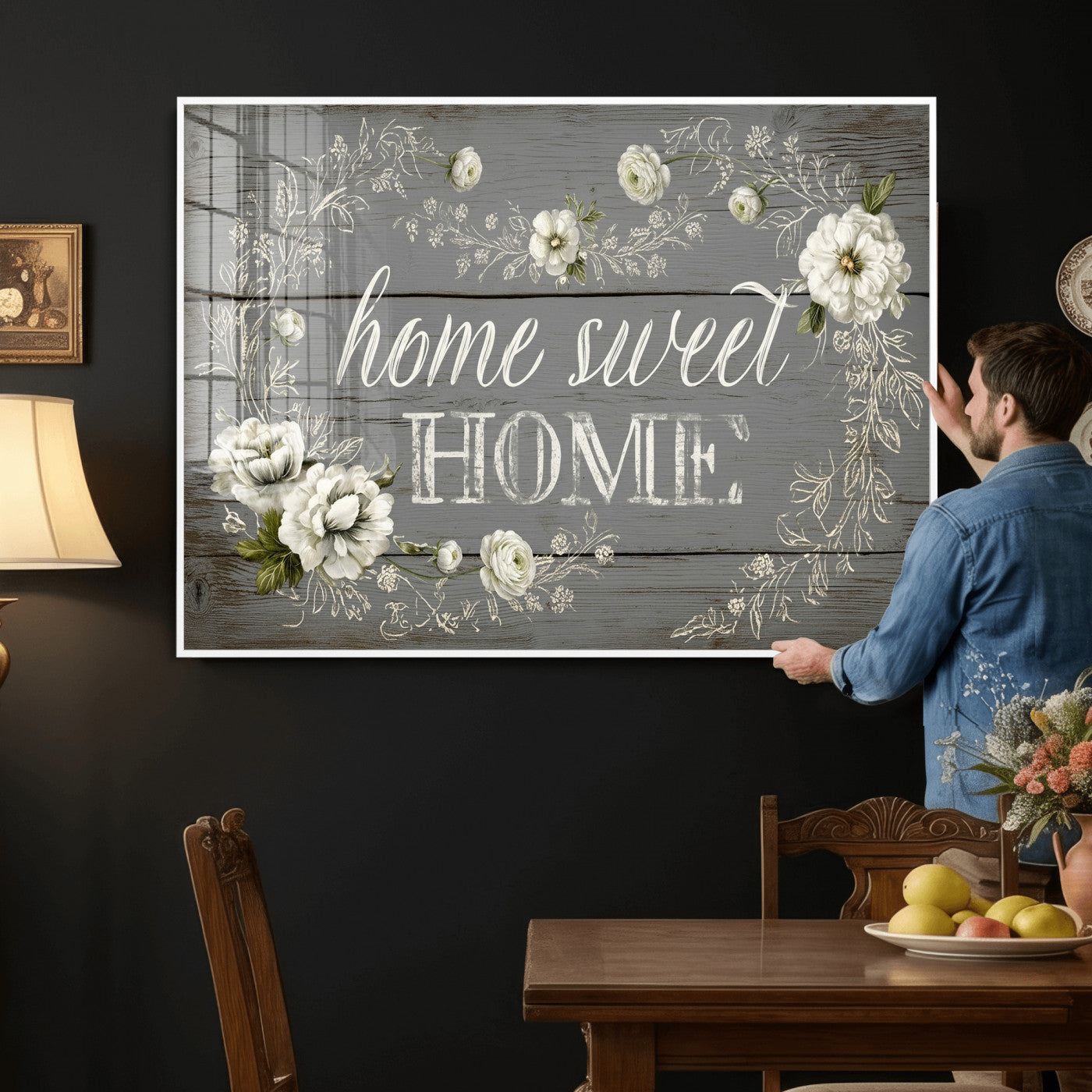 32056075-MGV-CV-36X24 - Home Sweet Home Wall Art Canvas Print, Floral Farmhouse Sign, Rustic Neutral Entryway Bedroom Living Room Decor