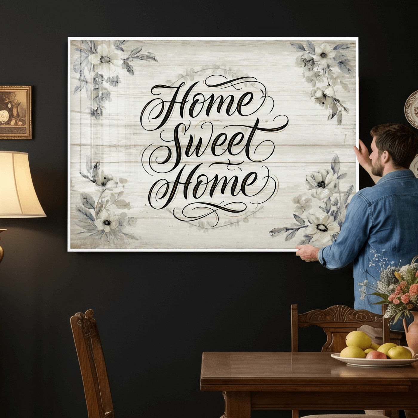 11120405-MGV-CV-36X24 - Home Sweet Home Wall Art Canvas Print, Floral Farmhouse Sign, Rustic Neutral Entryway Bedroom Living Room Decor