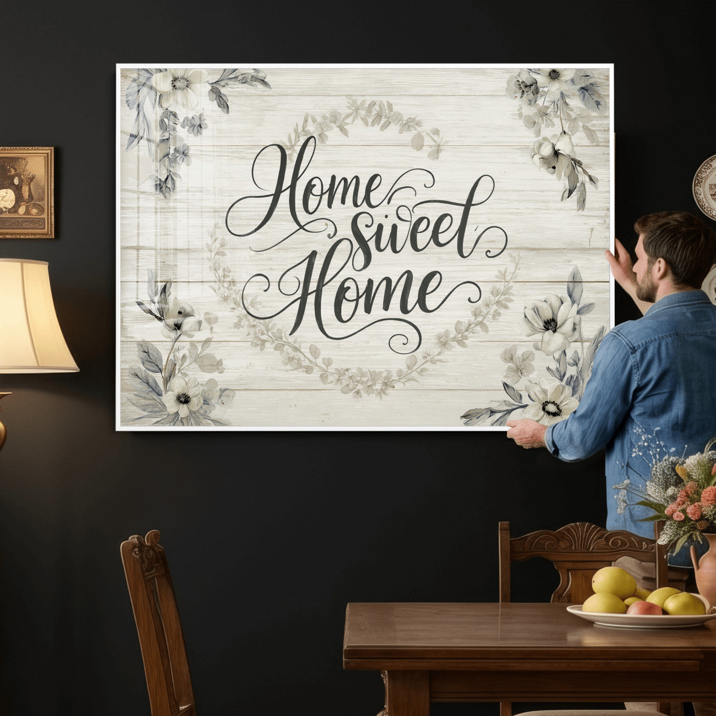 81157008-MGV-CV-36X24 - Home Sweet Home Wall Art Canvas Print, Floral Farmhouse Sign, Rustic Neutral Entryway Bedroom Living Room Decor