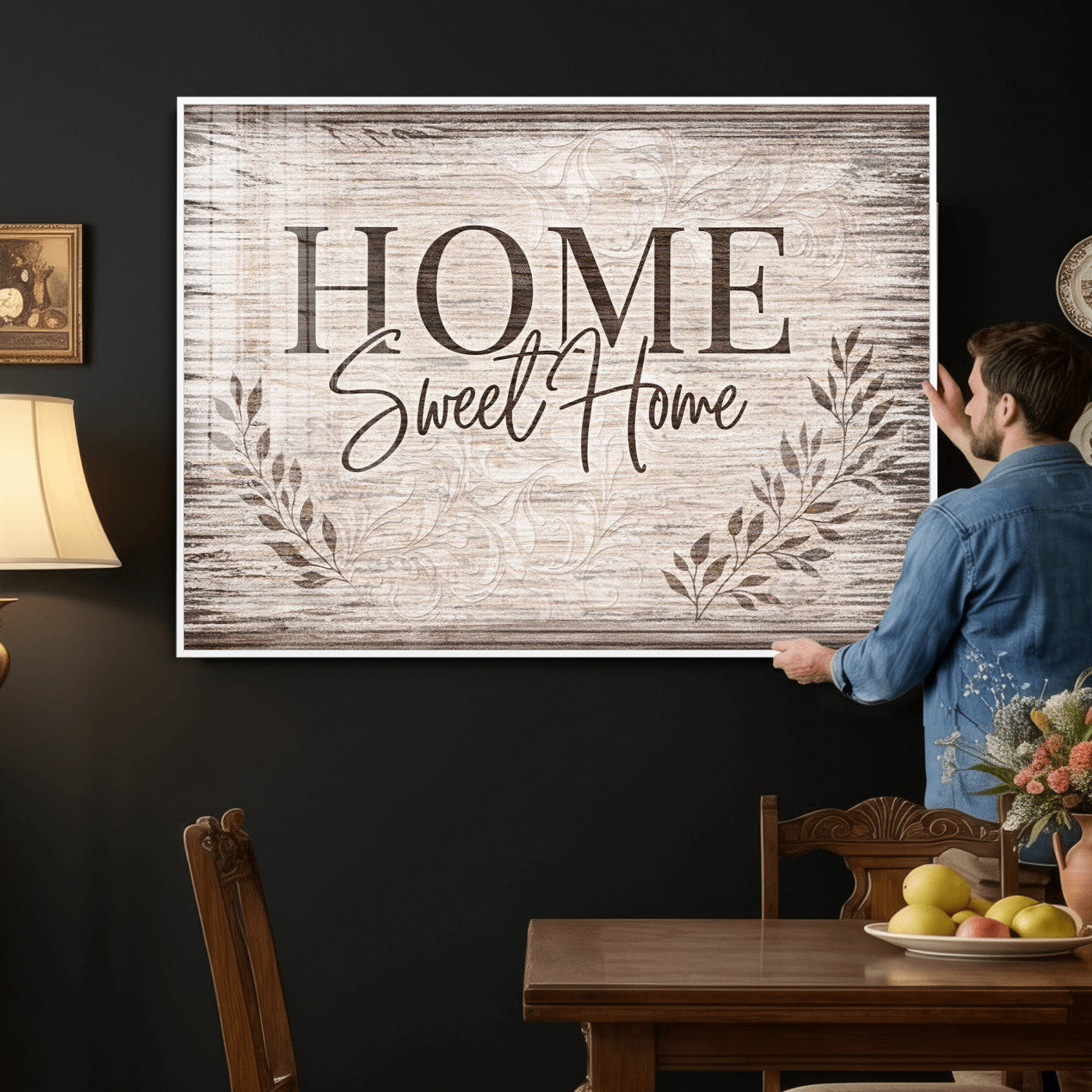 81157008S-MGV-CV-36X24 - Home Sweet Home Wall Art Canvas Print, Floral Farmhouse Sign, Rustic Neutral Entryway Bedroom Living Room Decor