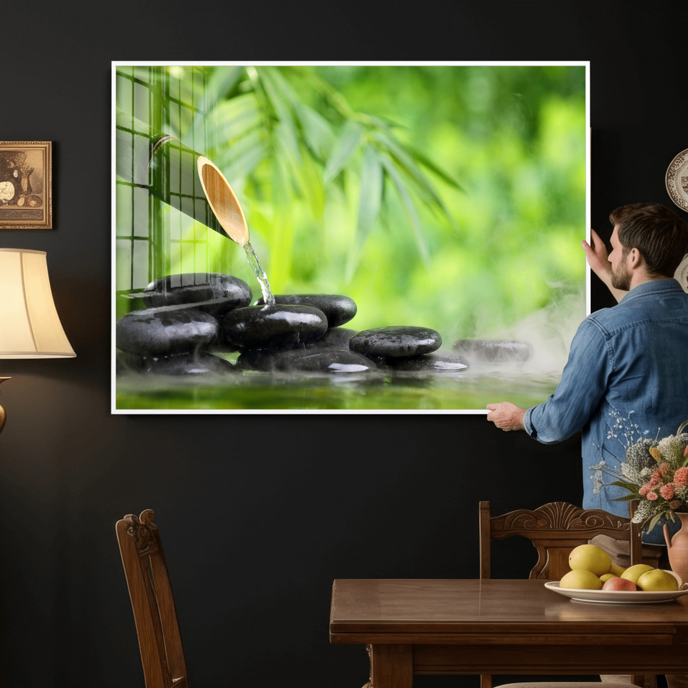 26961320-MGV-CV-36X24 - Bamboo Water Flow Black Stone Canvas | Zen Spa Nature Photography Print | Green Mist Japanese Garden Wall Art | Tranquil Decor