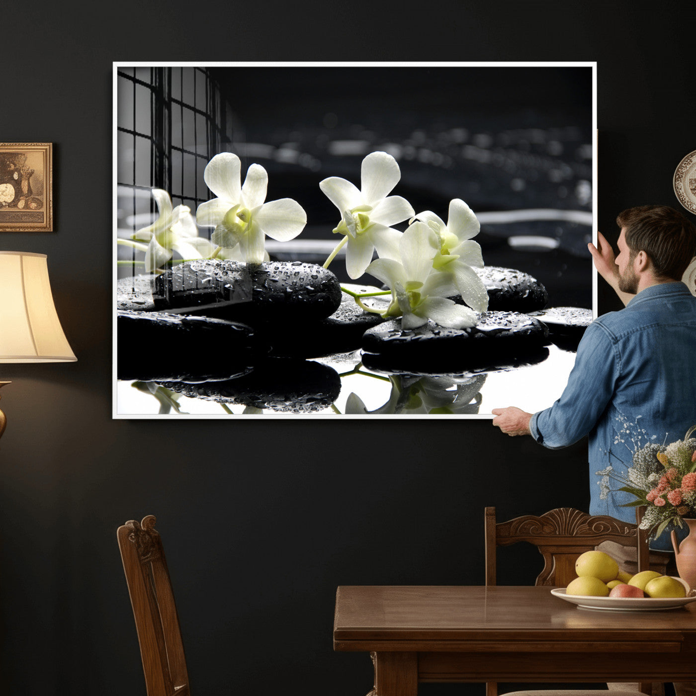 79486206-MGV-CV-36X24 - Plumeria Frangipani Black Stone Canvas | White Flower Spa Photography Print | Tropical Zen Wall Art | Grey Pebble Floral for Meditation Room Decor