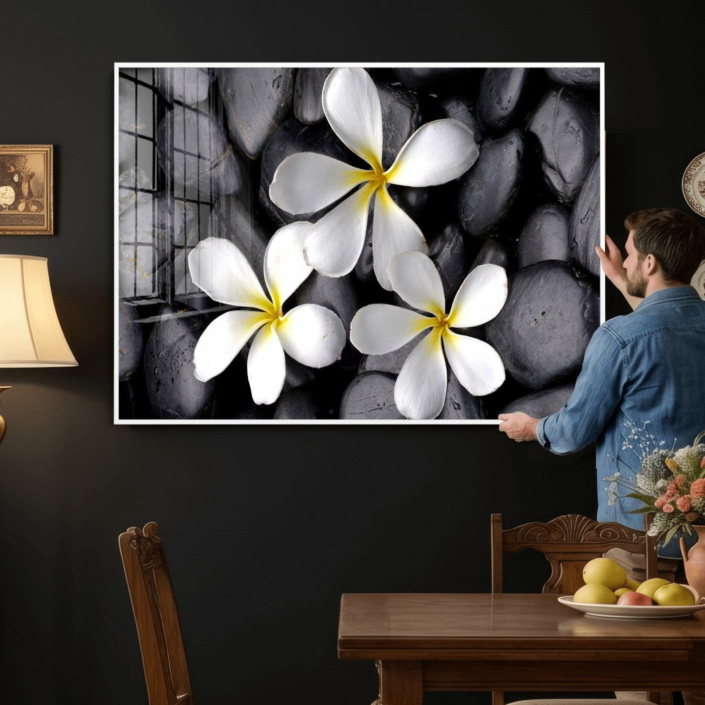 43639613-MGV-CV-36X24 - Plumeria Frangipani Black Stone Canvas | White Flower Spa Photography Print | Tropical Zen Wall Art | Grey Pebble Floral Decor