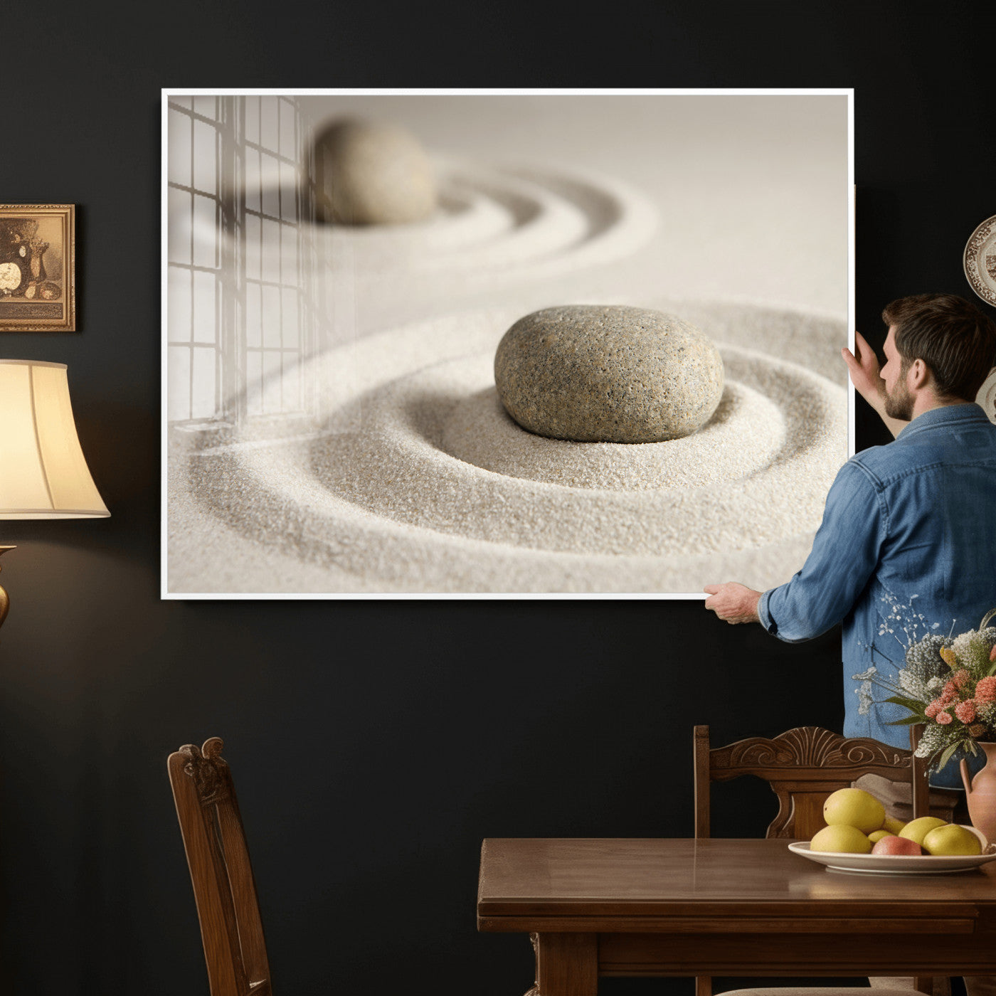 13397966-MGV-CV-36X24 - Zen Garden Stone Sand Canvas | Japanese Rock Garden Wall Art | Minimalist Meditation Print | Neutral Beige Mindfulness Decor