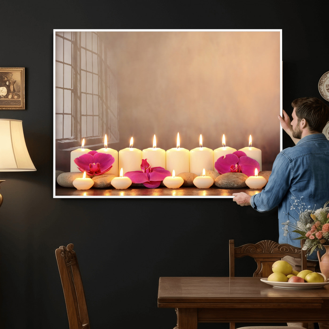 59470569-MGV-CV-36X24 - Spa Candles Orchid Canvas Print | Zen Wellness Relaxation Wall Art | Pink Flower Candlelight Bathroom Decor | Calm Beige Photography