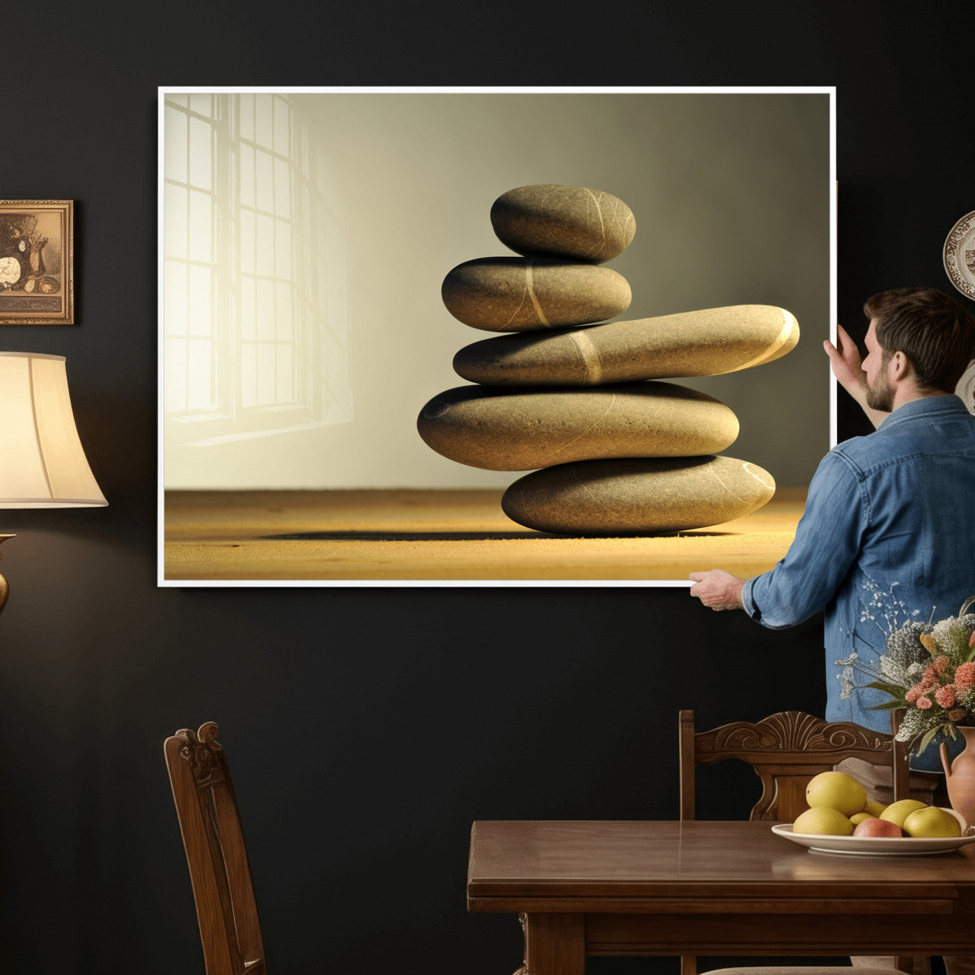 85424263-MGV-CV-36X24 - Zen Stone Wall Art Canvas Print, Balanced Rock Stack Framed Spa Artwork, Minimalist Meditation Decor for Living Room Bedroom Office Bathroom