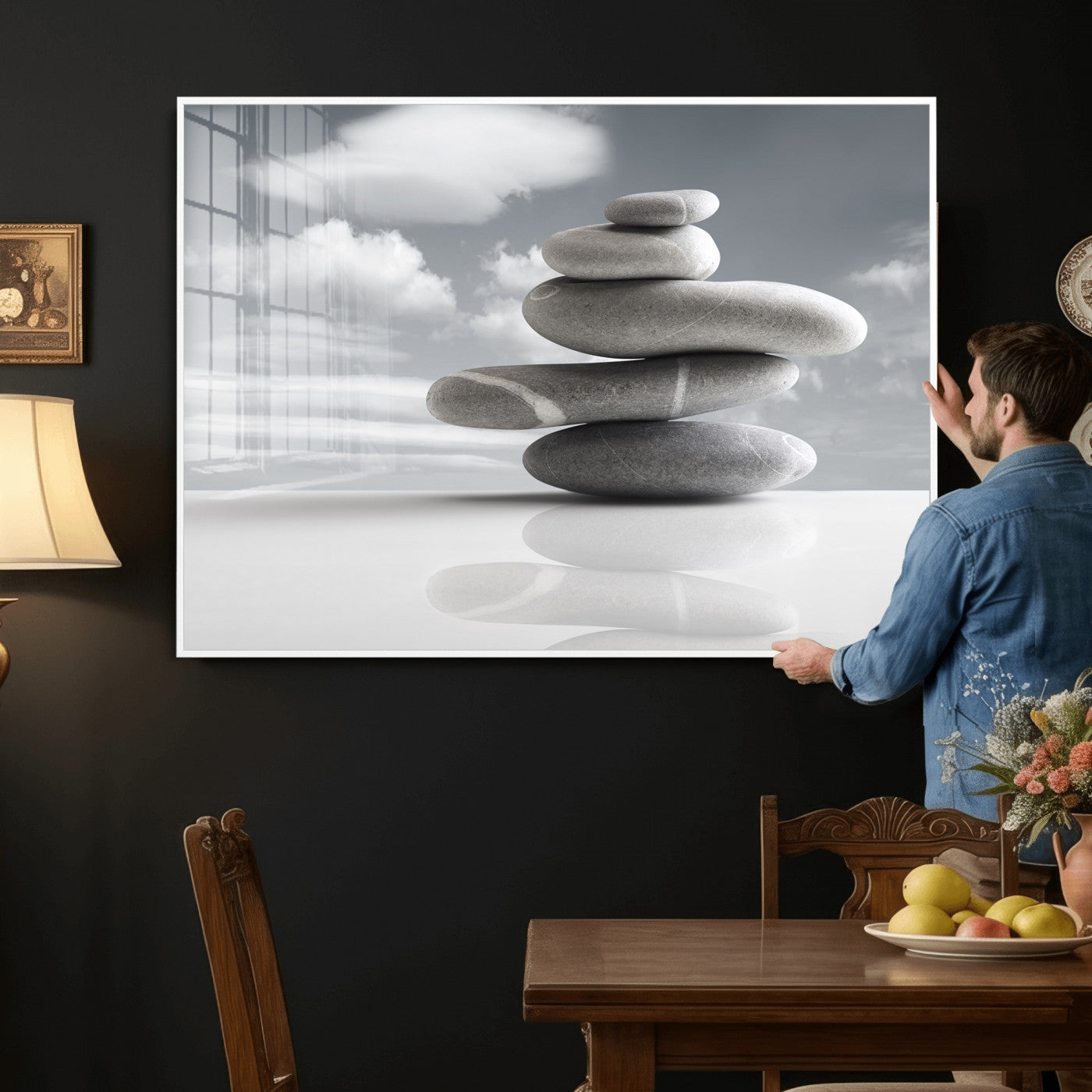 86426188-MGV-CV-36X24 - Zen Stone Wall Art Canvas Print, Balanced Rock Stack Framed Spa Artwork, Minimalist Meditation Decor for Living Room Bedroom Office Bathroom
