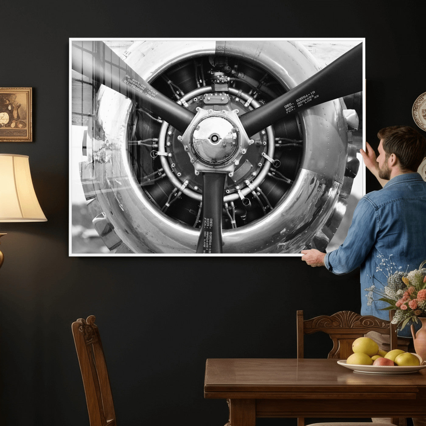 73322230-MGV-CV-36X24 - Vintage Propeller Plane Wall Art Canvas Print, Black and White Airplane Engine Close Up Framed Aviation Artwork for Pilot Office Hangar Decor