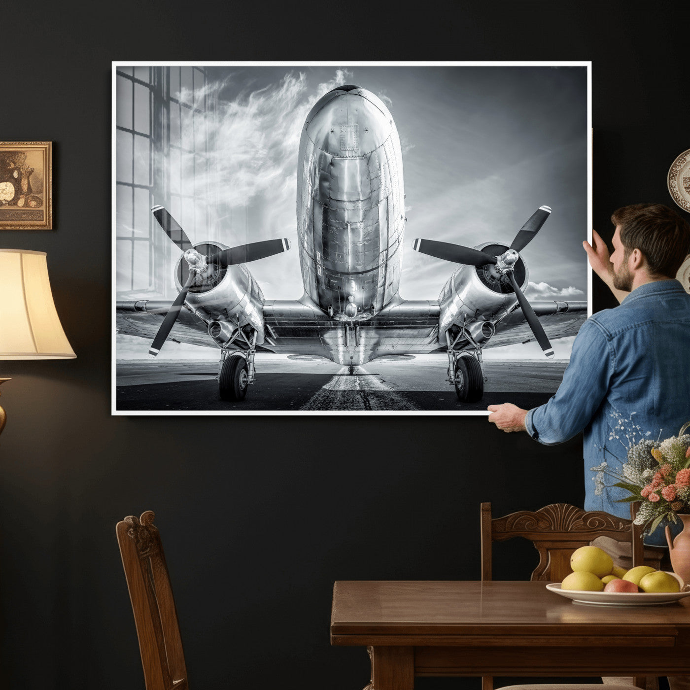 59729636-MGV-CV-36X24 - Vintage Propeller Plane Wall Art Canvas Print, Black and White Airplane Engine Close Up Framed Aviation Artwork for Pilot Office Hangar Decor
