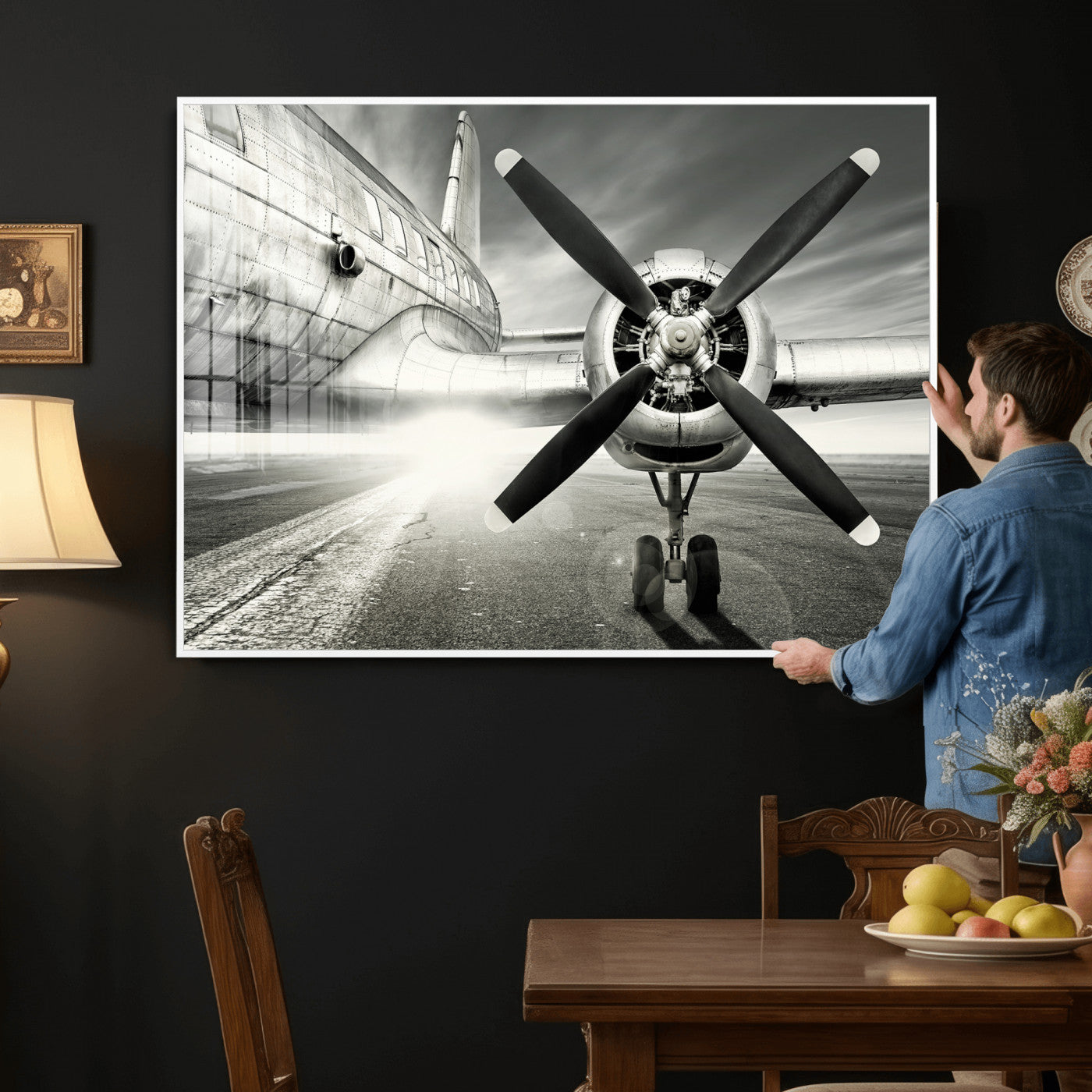 16420255-MGV-CV-36X24 - Vintage Airplane Wall Art Canvas Print, Black and White Propeller Aircraft Framed Aviation Artwork for Pilot Office Hangar Living Room Decor