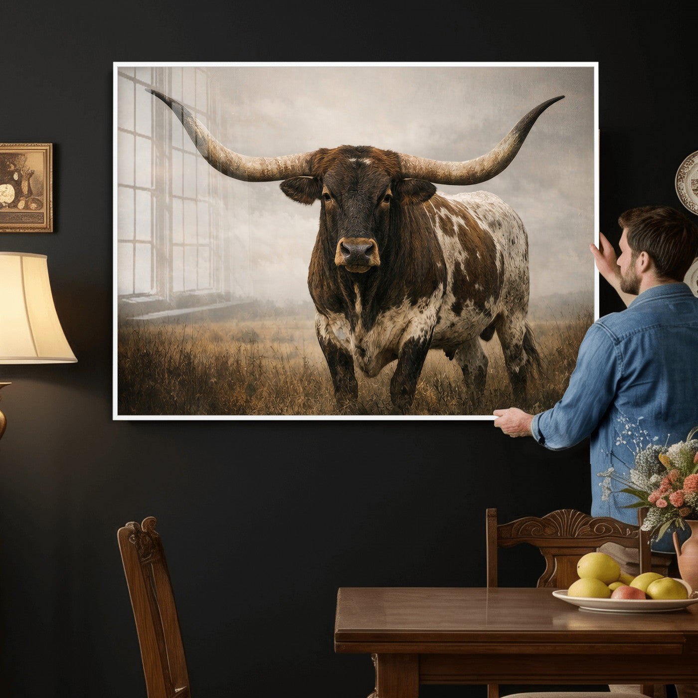 17622011L-MGV-CV-36X24 - Longhorn Bull Wall Art Canvas Print, Western Farmhouse Cowboy Decor, Rustic Texas Ranch Cattle Artwork for Living Room Bedroom Office, Framed Wall Decor