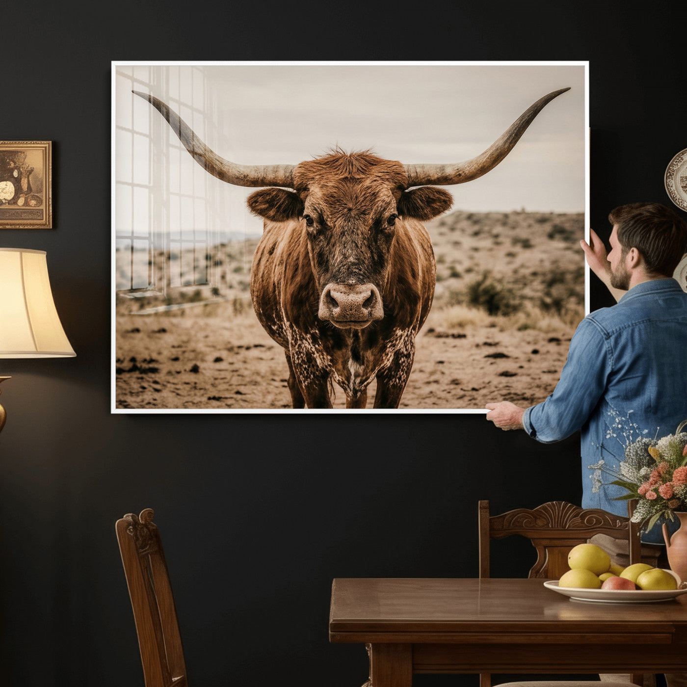 17622011K-MGV-CV-36X24 - Texas Longhorn Bull Wall Art Canvas Print, Western Farmhouse Cowboy Decor, Rustic Texas Ranch Cattle Artwork for Living Room Bedroom Office, Framed Wall Decor