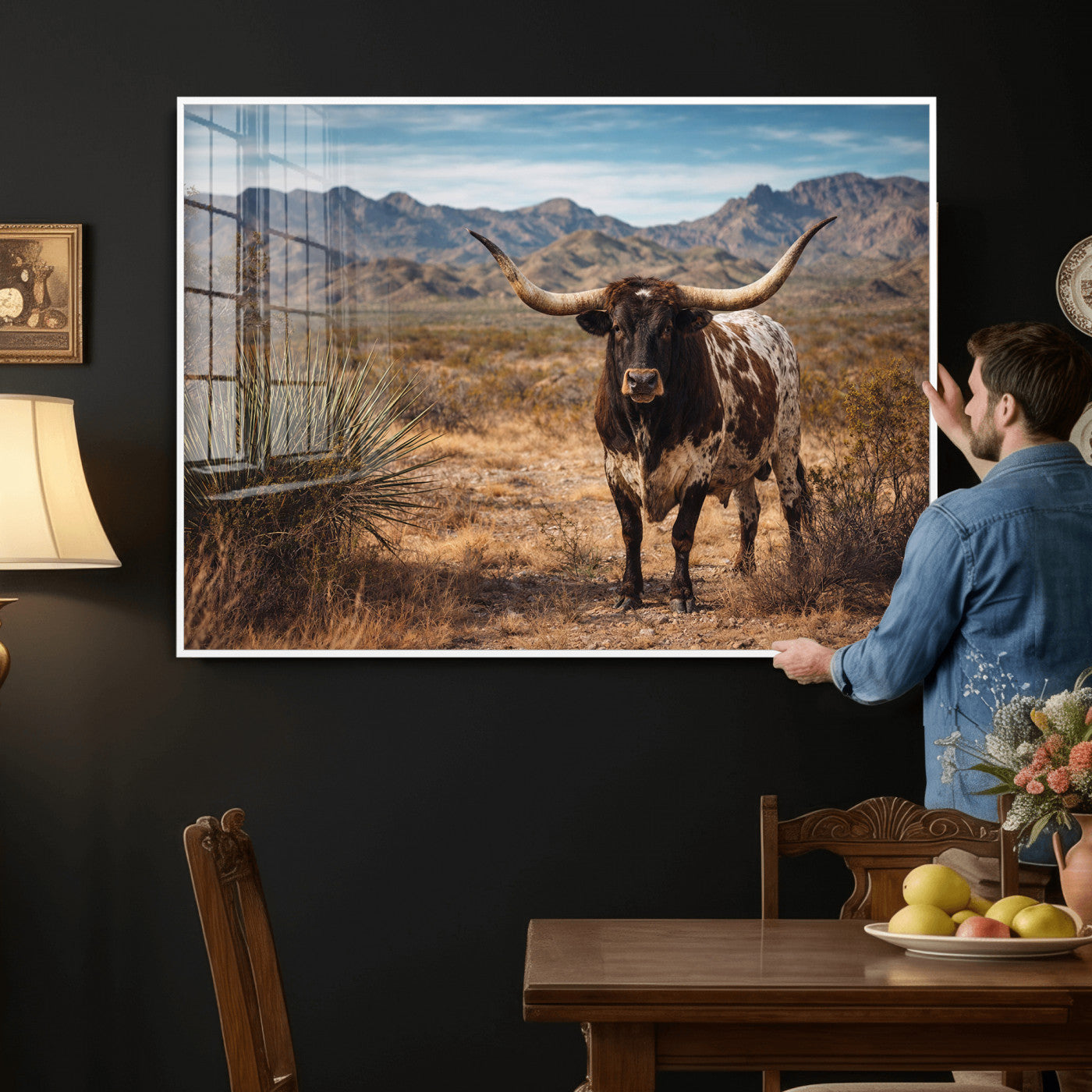 17622011S-MGV-CV-36X24 - Texas Longhorn Bull Wall Art Canvas Print, Western Farmhouse Cowboy Decor, Rustic Texas Ranch Cattle Artwork for Living Room Bedroom Office, Framed Wall Decor