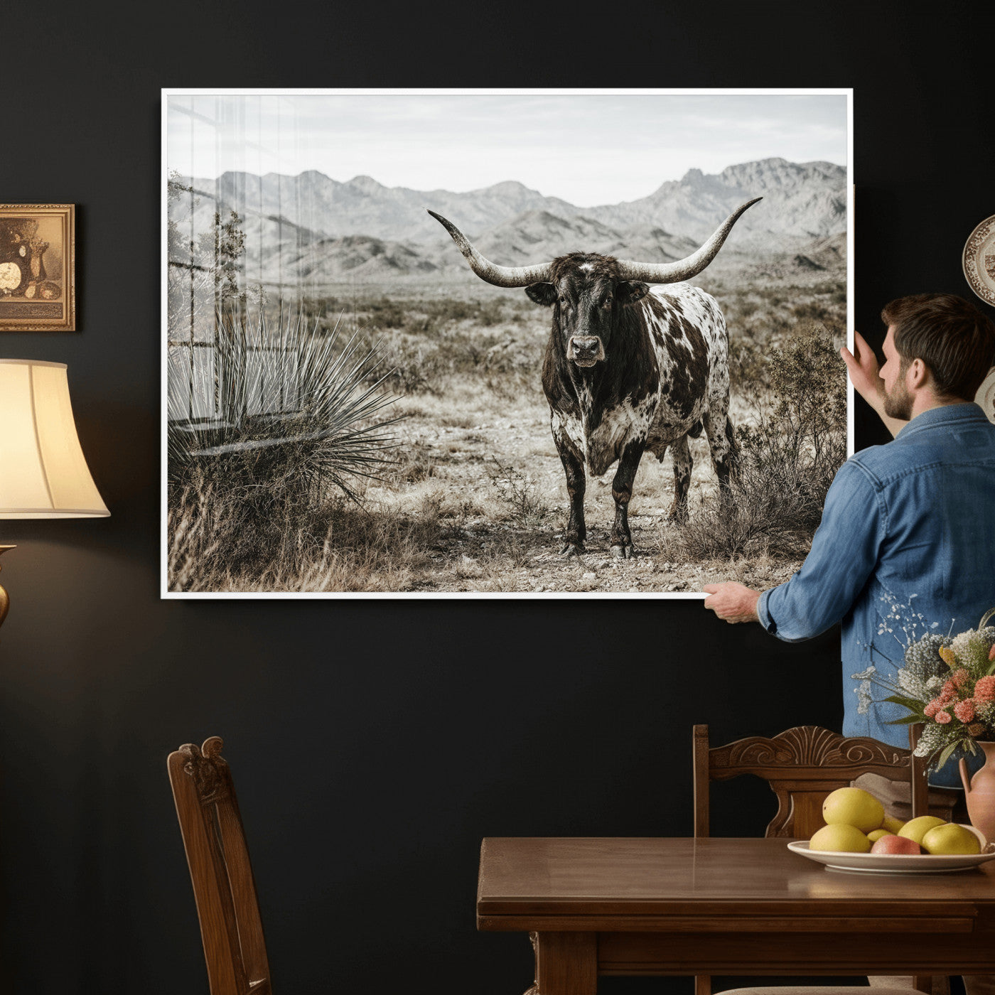 17622011H-MGV-CV-36X24 - Texas Longhorn Bull Wall Art Canvas Print, Western Farmhouse Cowboy Decor, Rustic Texas Ranch Cattle Artwork for Living Room Bedroom Office, Framed Wall Decor