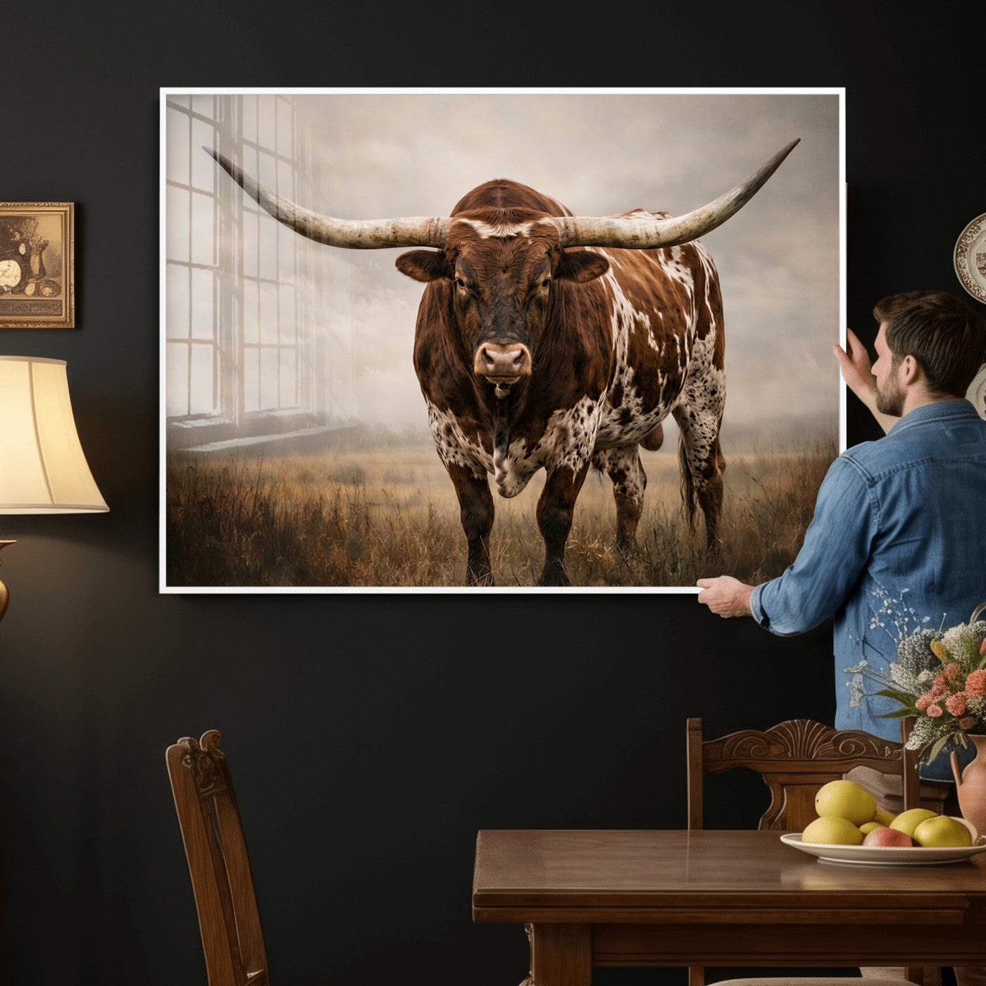 25239047-MGV-CV-36X24 - Texas Longhorn Canvas Wall Art Western Bull Desert Moody Grey Overcast Rustic Farmhouse Framed Large for Living Room Bedroom Office Decor
